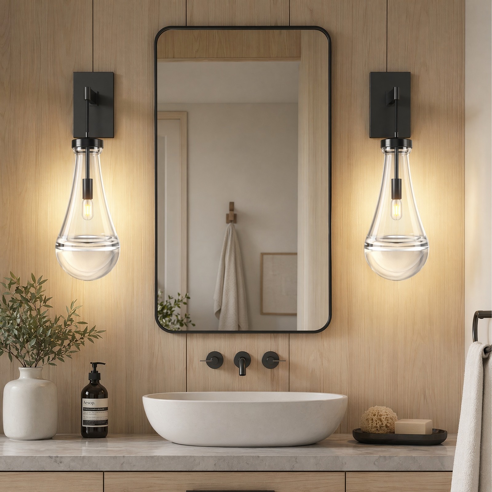 2 Pack 18» LED Wall Light Indoor Raindrop Glass Dimmable Sconce Black Fixture