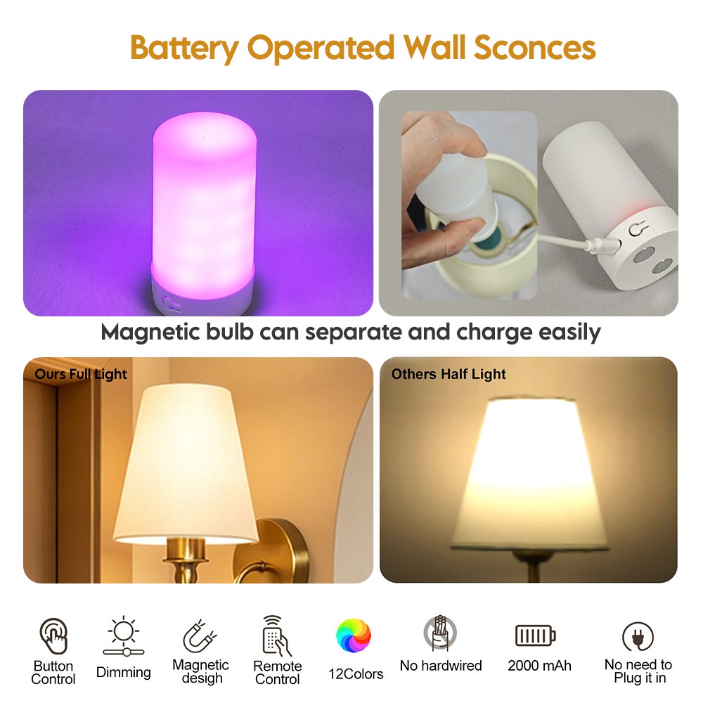 Battery Operated Wall Sconces Set of 2 Gold Wireless Lamps with Remote/Touch