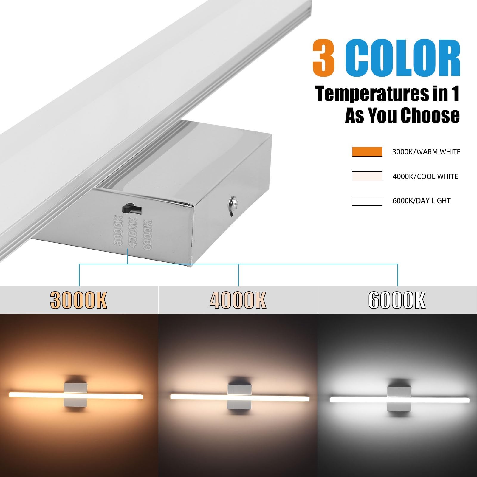 16 Inch Chrome LED Bathroom Vanity Light Bar 3 Color Temperature Over Mirror