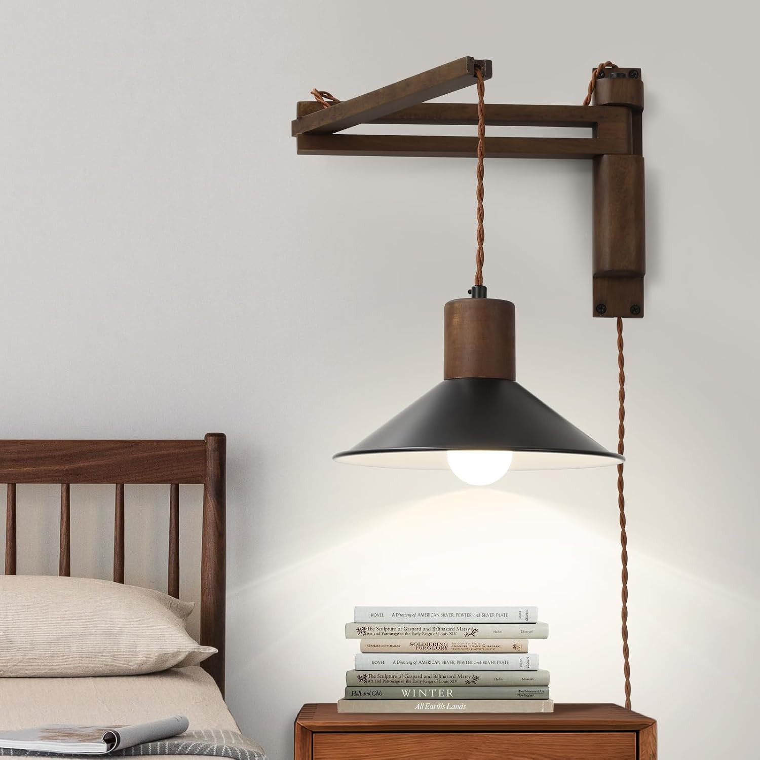 Plug in Wall Lamp, Wood Swing Arm Wall Sconce for Bedroom | Swing Arm Wall Lamp,