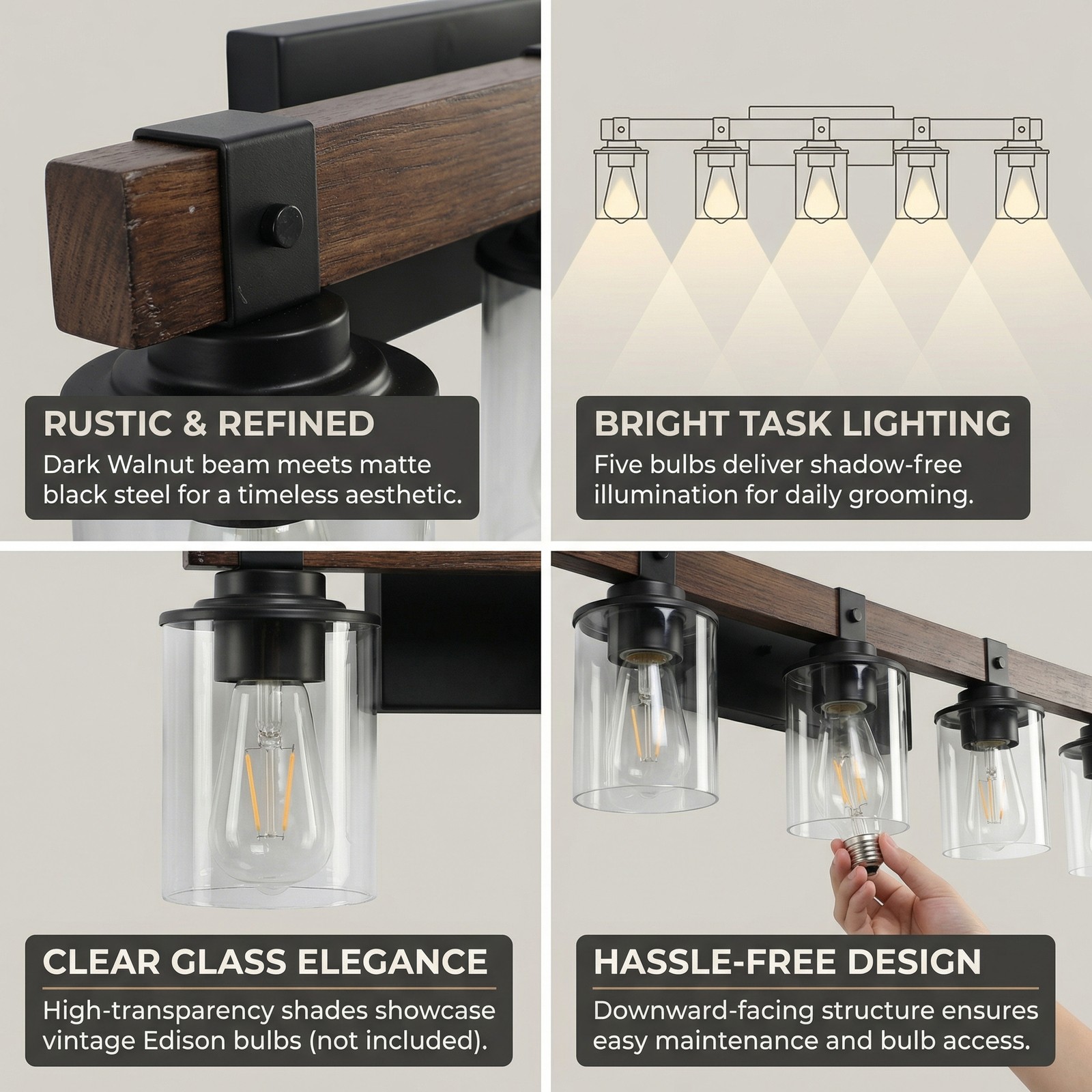 35″ 5-Light Bathroom Vanity Light Wood Wall Fixture Glass Shade LED Over Mirror