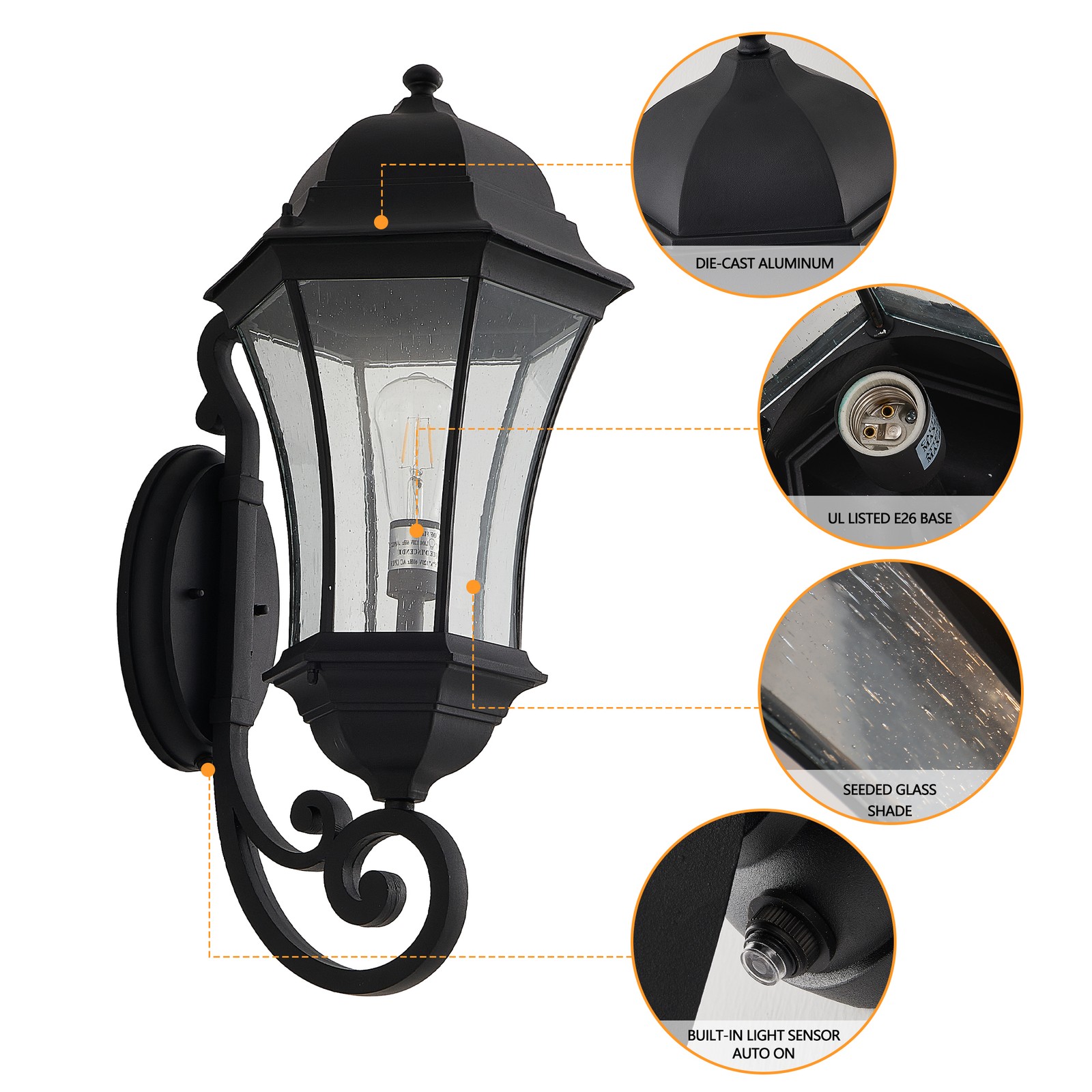 27″ Outdoor Wall Light Dusk to Dawn Porch Sconce Exterior Aluminum Fixture Black
