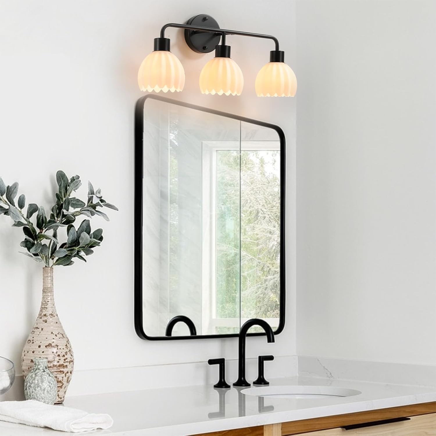 Sleek Black 3-Light Vanity Wall Sconce with Elegant Milk White Glass Shades
