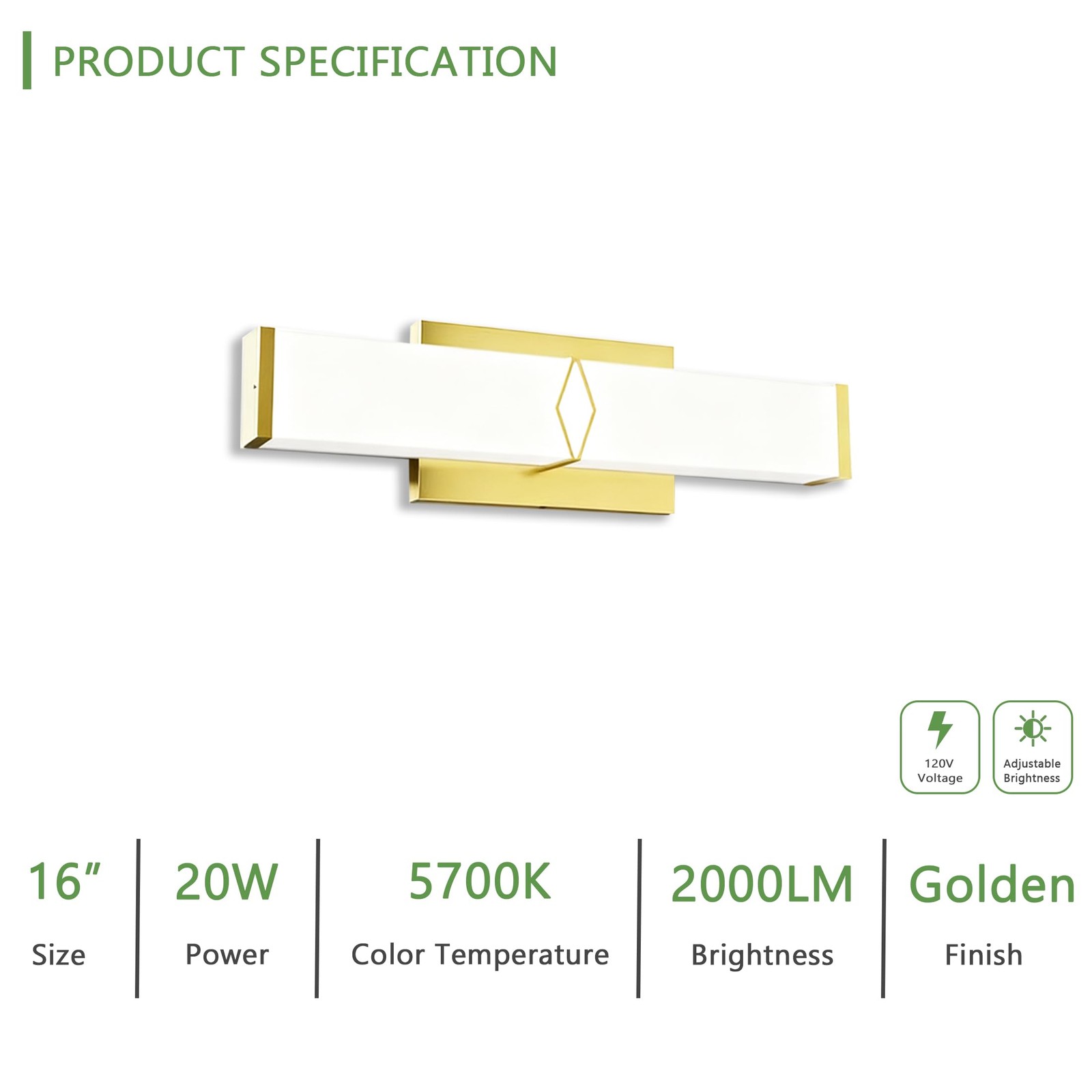 1 PCS 16 Inch Bathroom Vanity Light 2000LM 5700K 20W Gold LED Wall Sconce