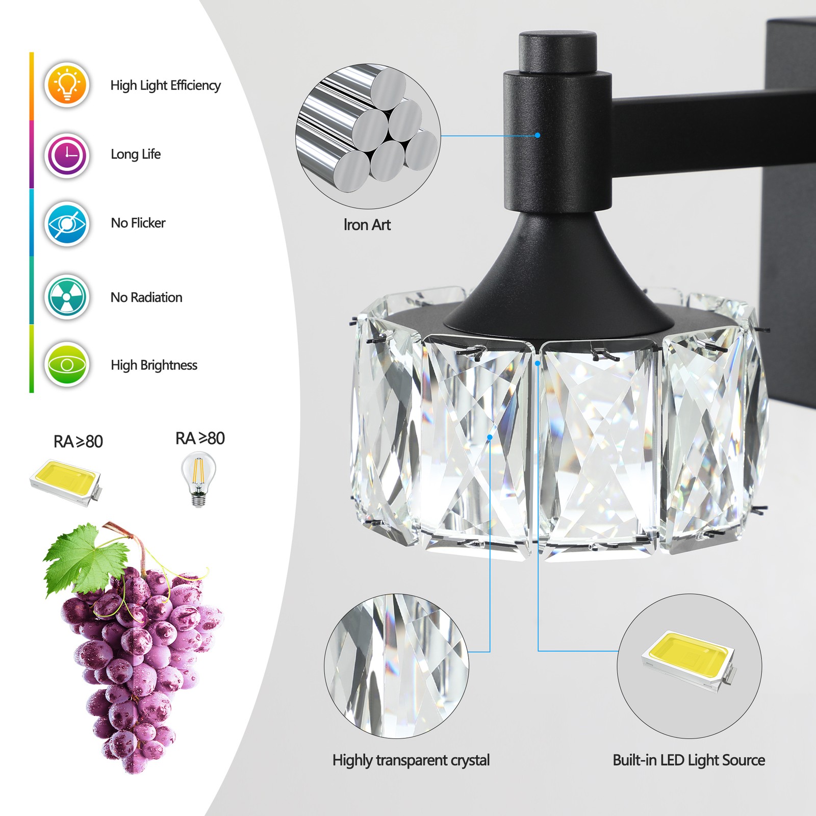 44″ Crystal Vanity Light Bathroom Mirror LED Wall Lamp 6 Lights Sconce Fixture