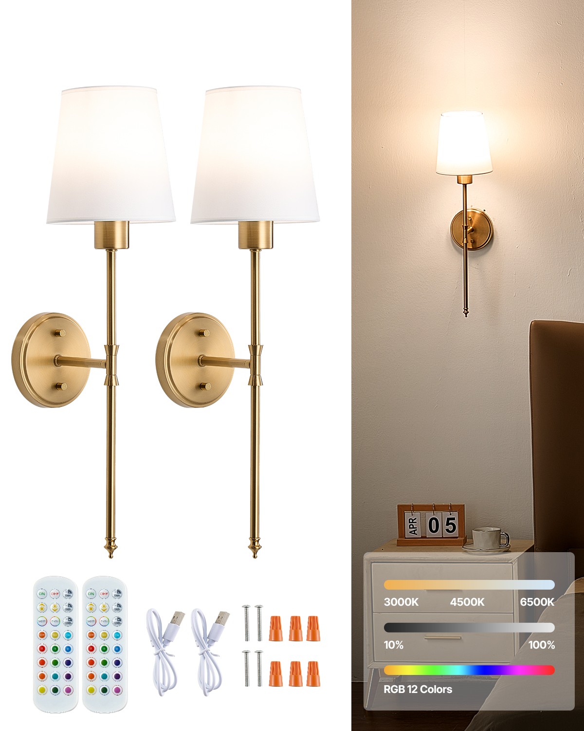 VEVOR Battery Operated Wall Sconce Set of 2 Wireless Wall Lights Remote Control