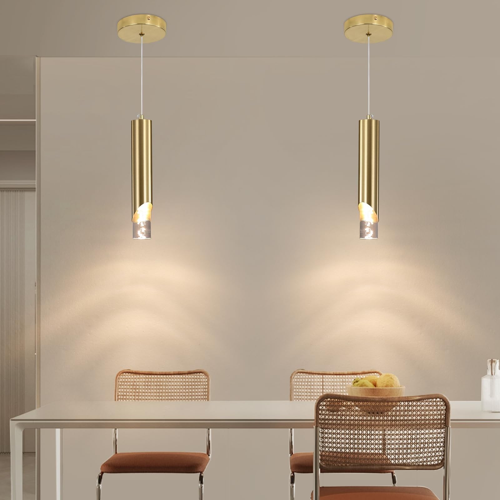 2 Pack Modern Gold Pendant Light Fixture, Acrylic Bubble Cylinder Hanging Lig…