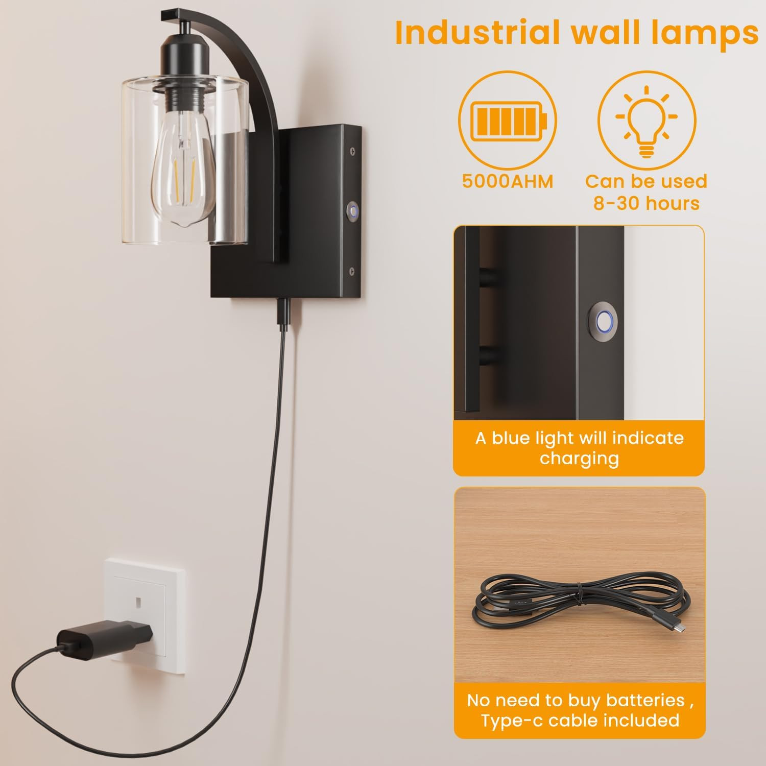 Rechargeable Battery-Powered Wall Sconces Set of 2 – Matte Black & Glass