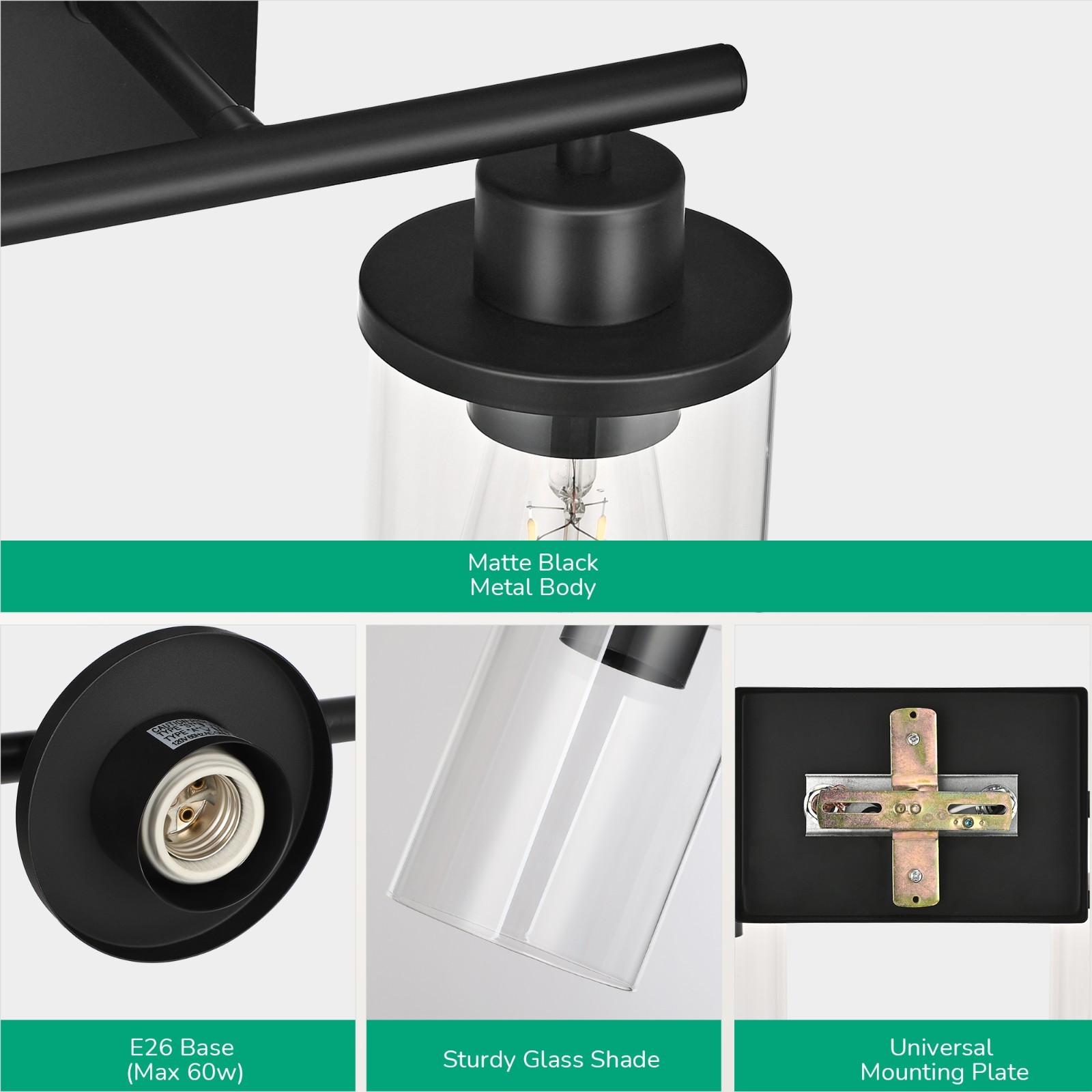 Matte Black Bathroom Vanity Light 2 Light Clear Glass Modern Wall Sconce