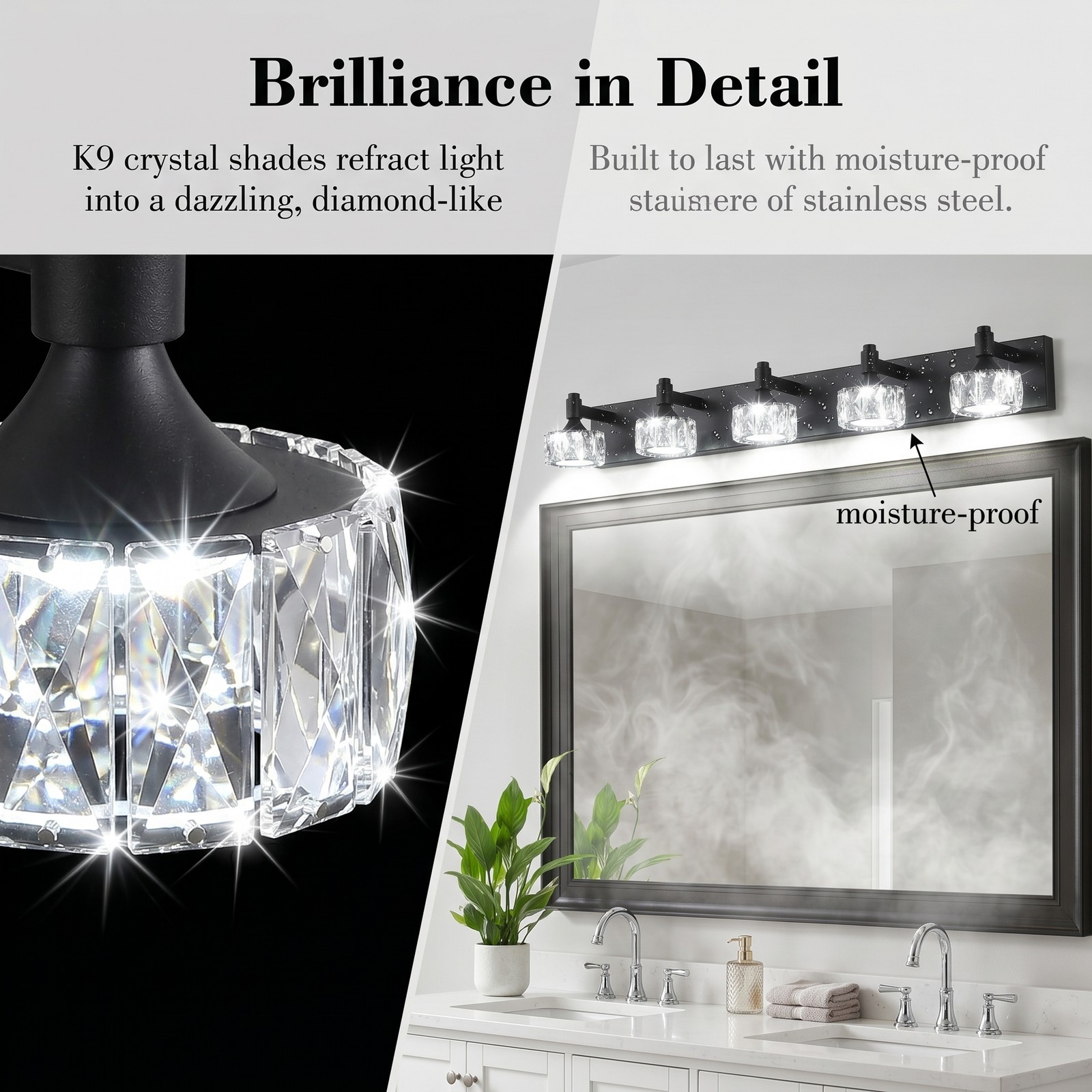 36 inch Bathroom Crystal Shade LED Vanity 5 Lights Mirror Wall Sconce Fixture