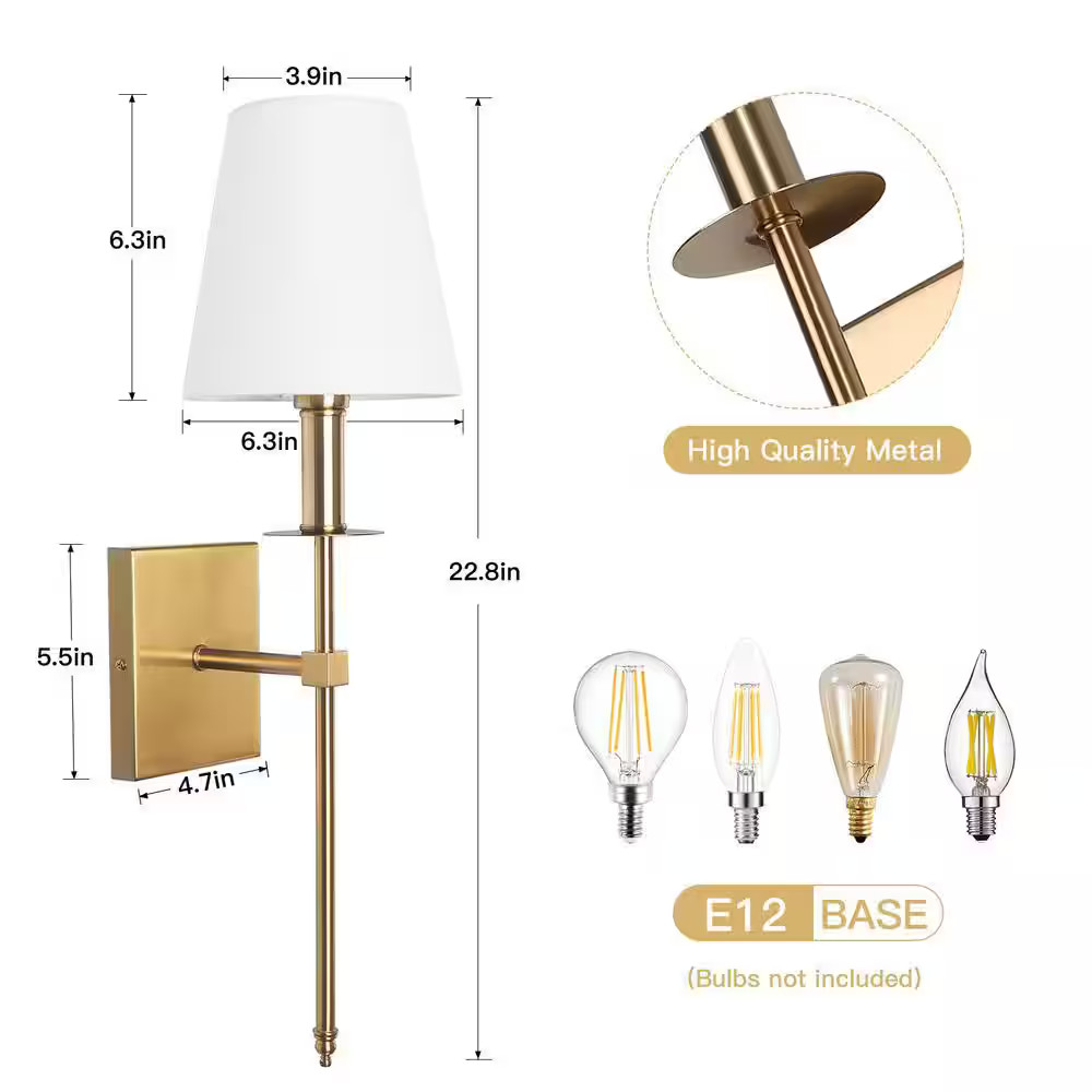 2-PACK Krychiler 1-Light Gold Wall Sconce White Fabric Shade 06FTL0233BGD