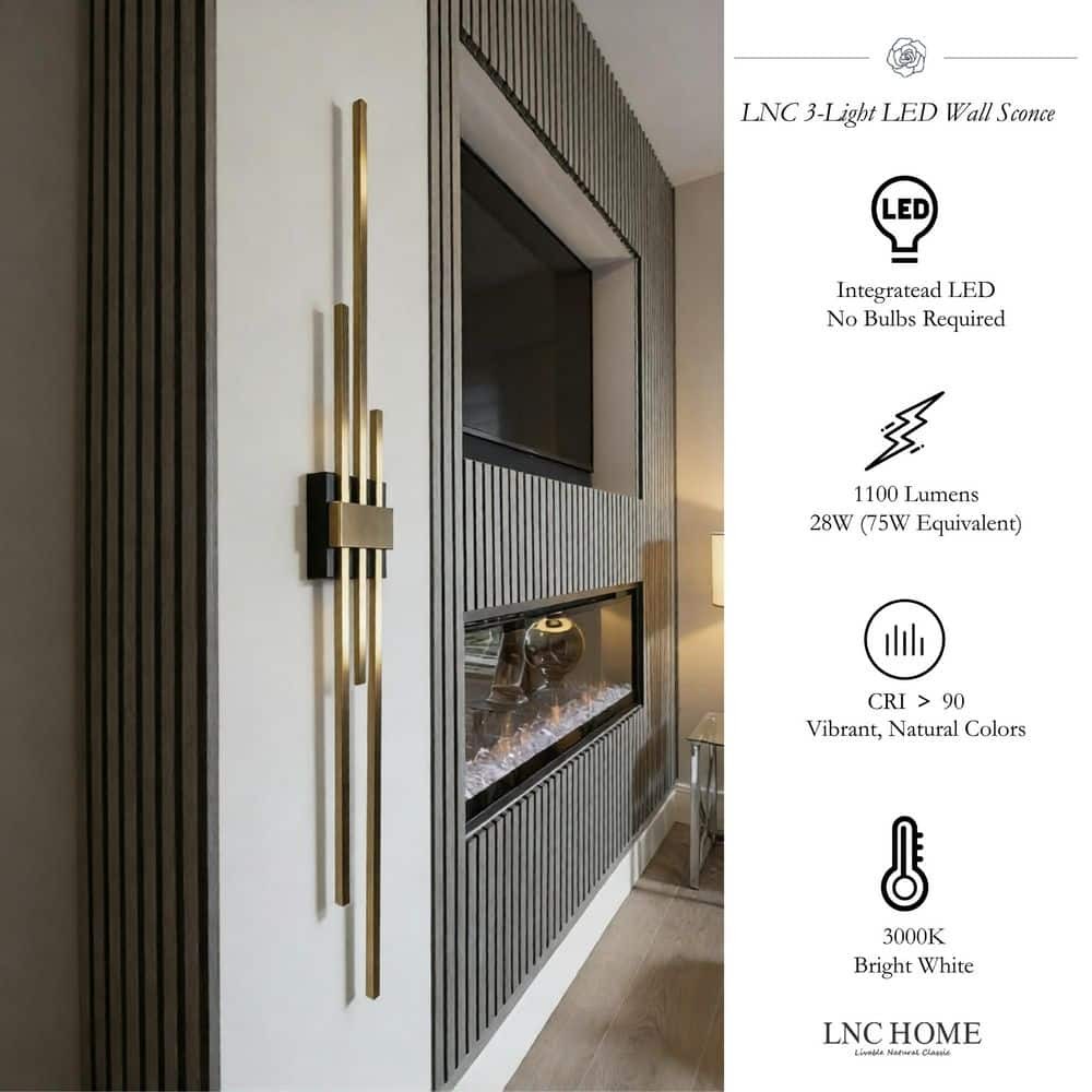 LNC 42.1″ H 3-Light Plating Brass Linear LED Wall Sconce Black
