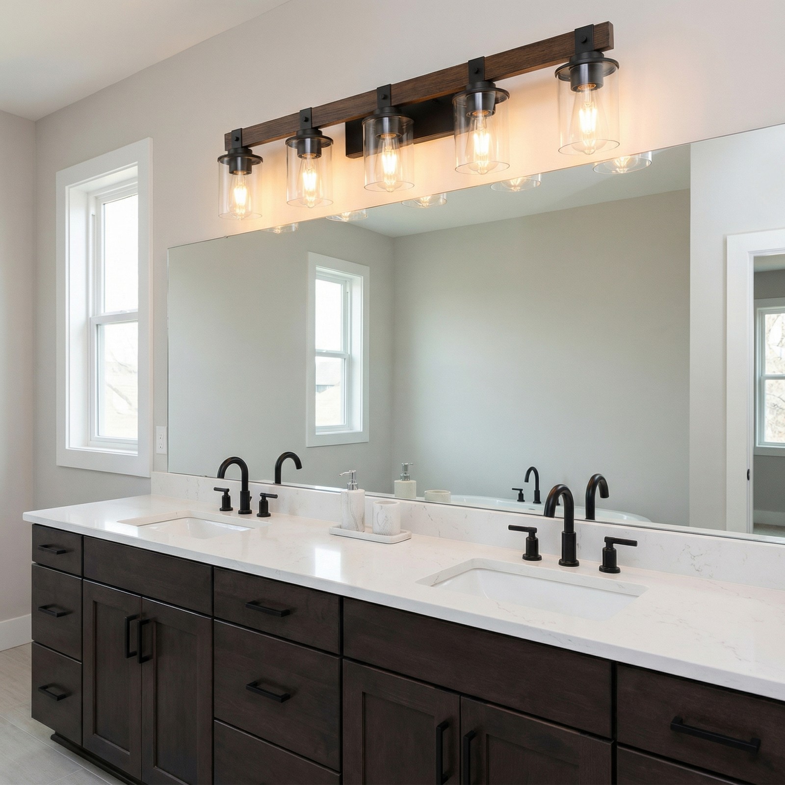 35″ 5-Light Bathroom Vanity Light Wood Wall Fixture Glass Shade LED Over Mirror