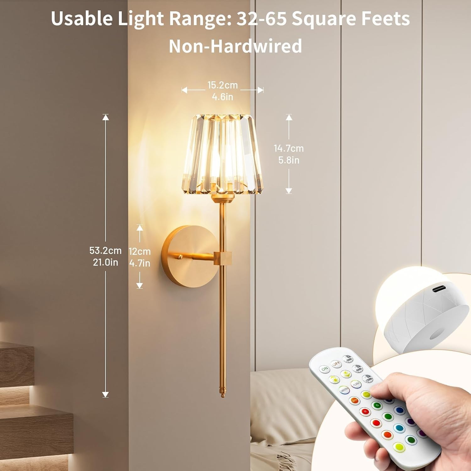 Crystal Battery Operated Wall Sconces Set of 2, Gold Rechargeable Wireless