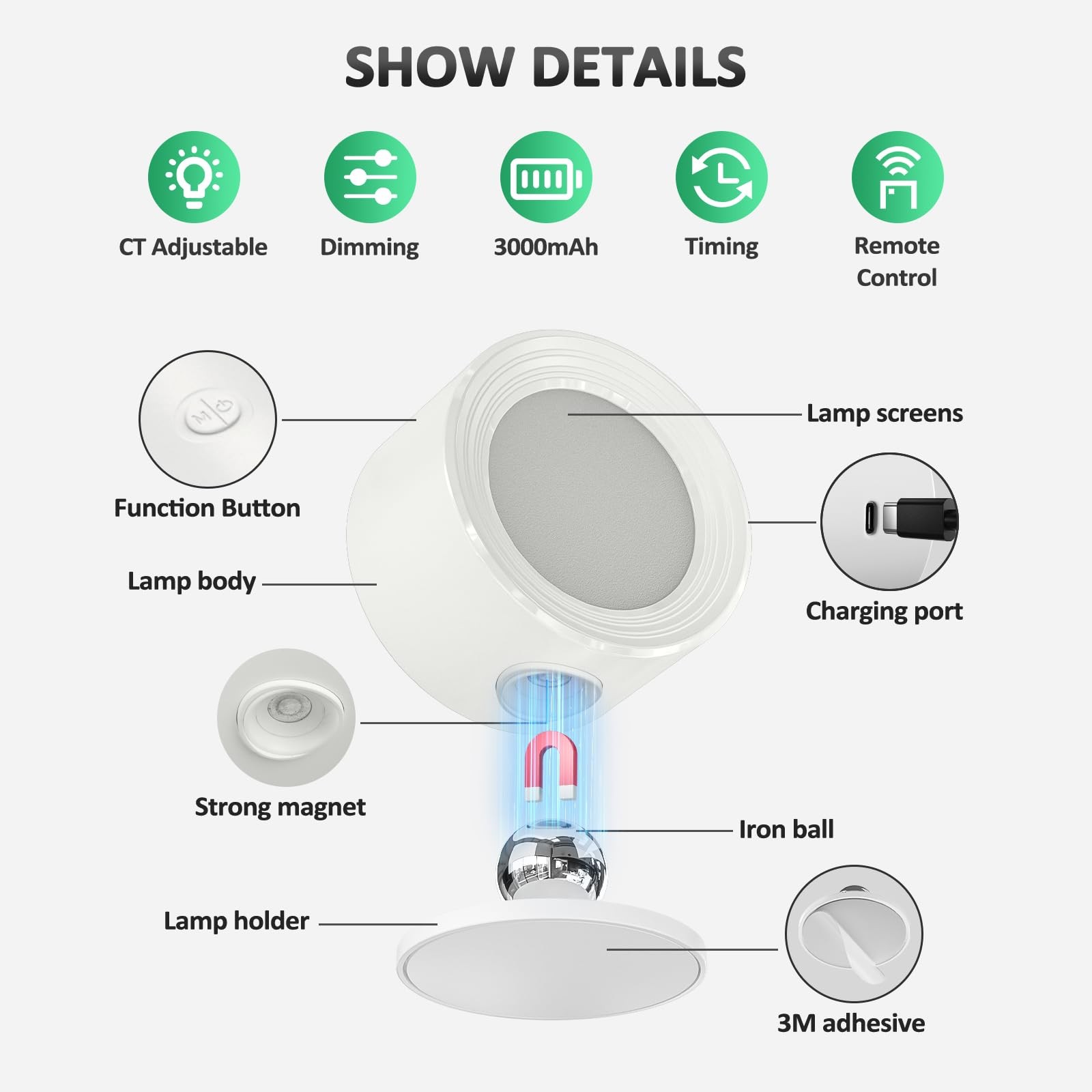 LED Wall Lights 3000mAh Rechargeable Battery – Remote Control, Dimmable, 3