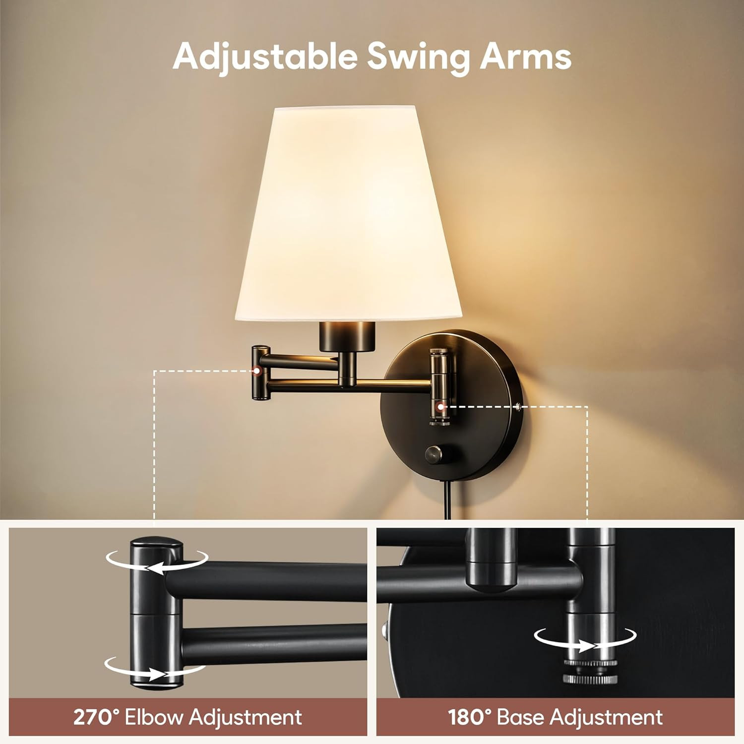 Wall Sconce Set of 2, Plug in & Hardwired Swing Arm Wall Lamps, Adjustable Wa…