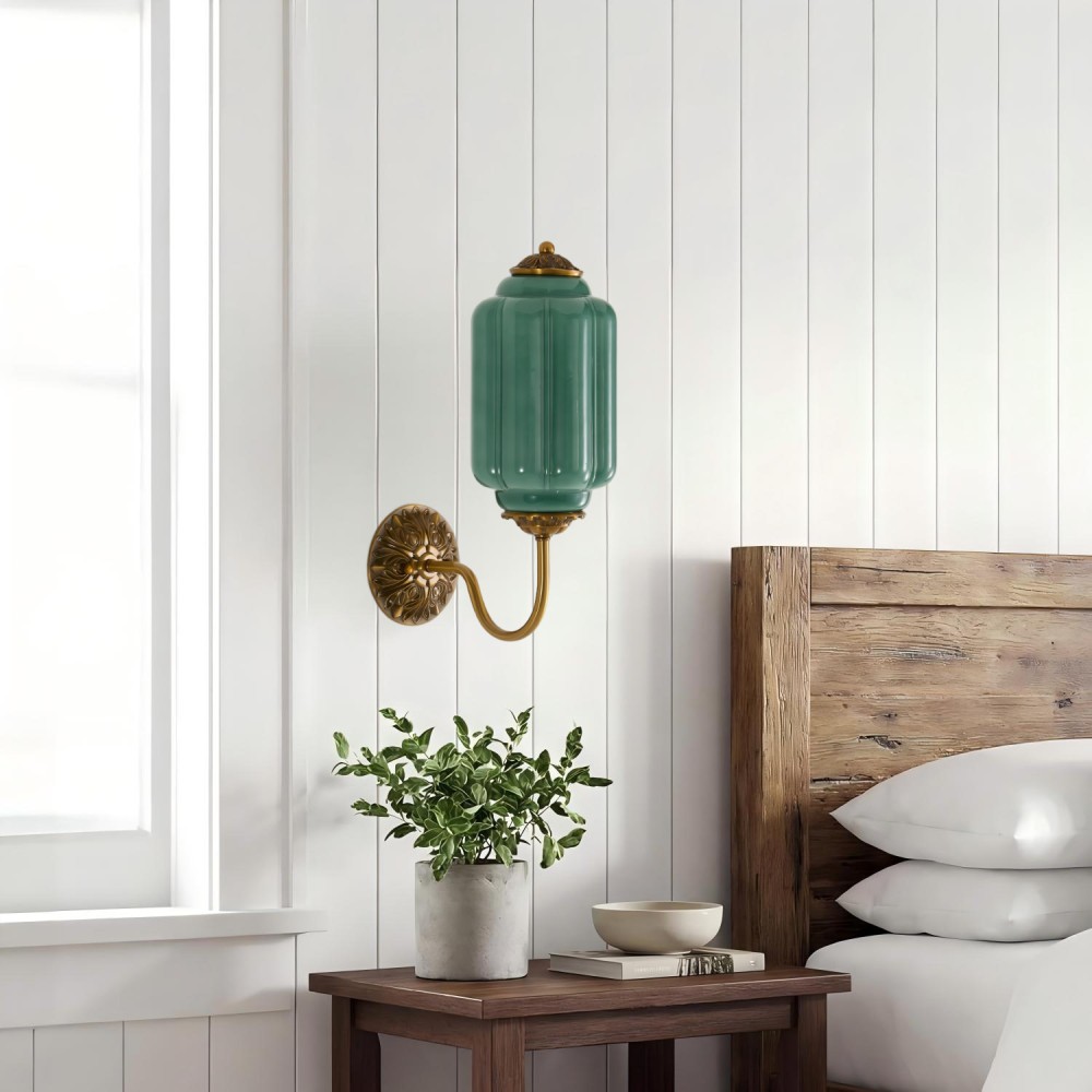 Vintage Green Glass Wall Sconce Brass Antique Wall Light for Bedroom Bathroom