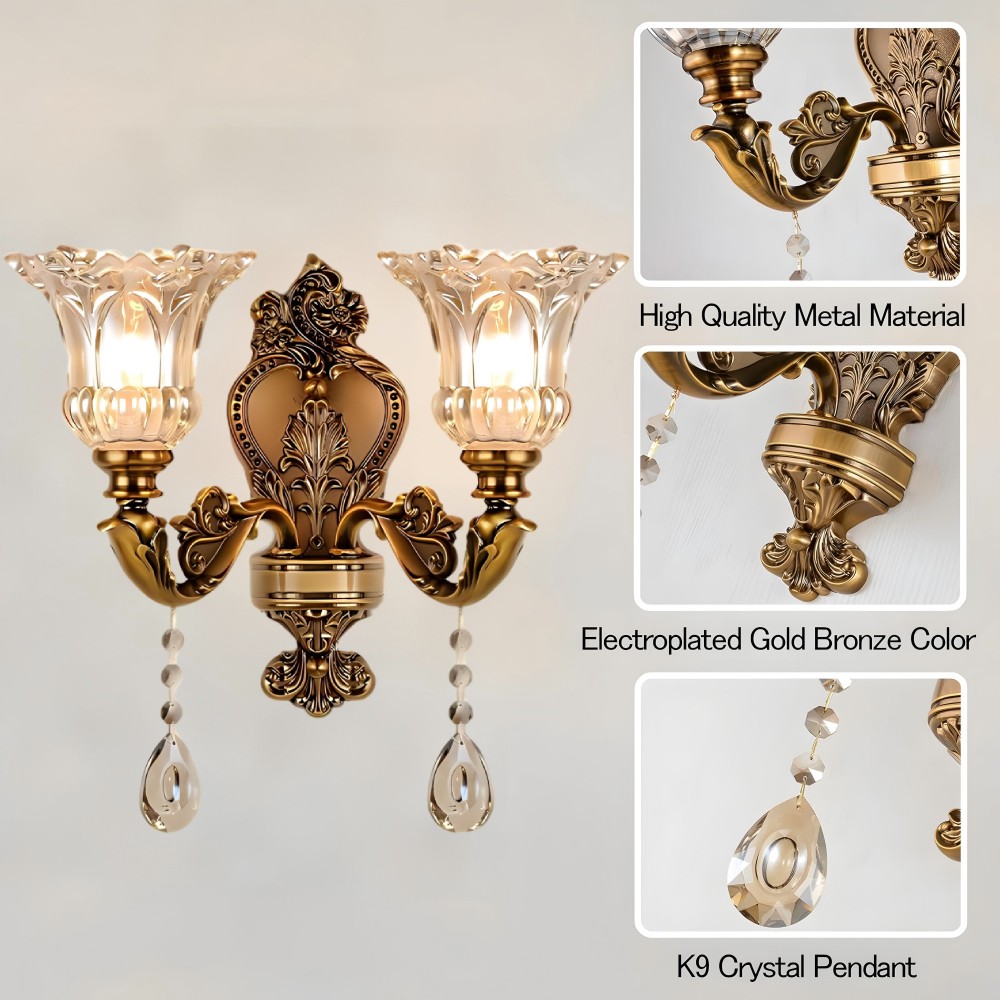 Vintage Traditional Floral Crystal Wall Lamp Royal Style Gold Wall Sconce Light