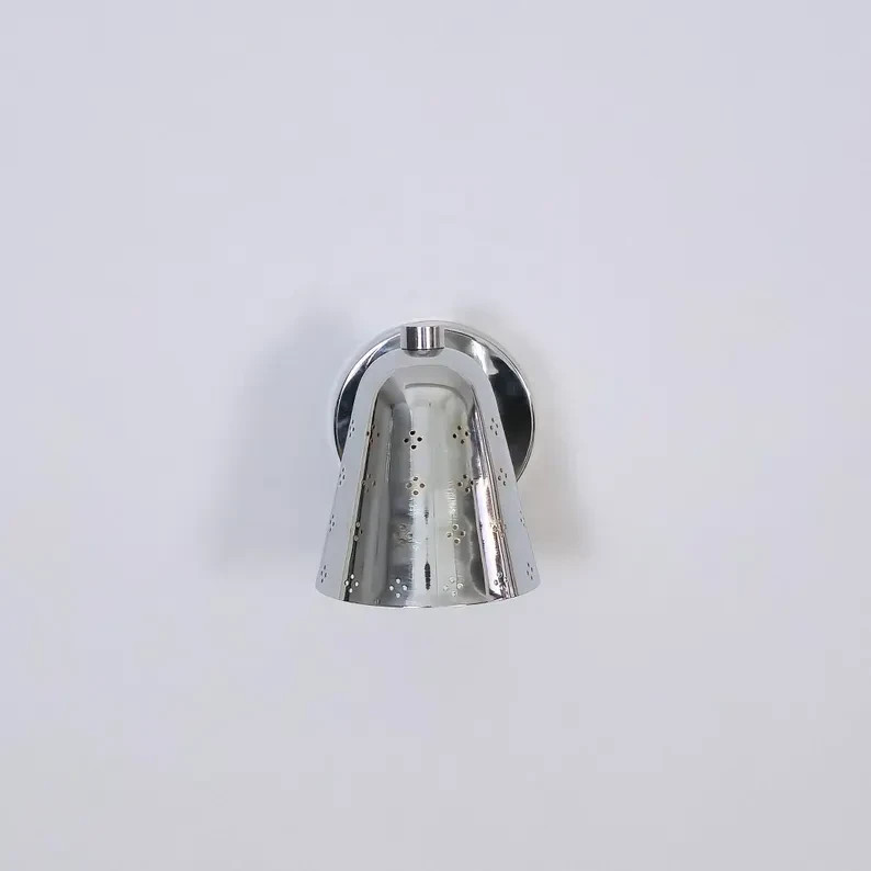 Silver Brass Wall Sconce, Mid Century Lamp Cone, Perforated Spotlight Fixture