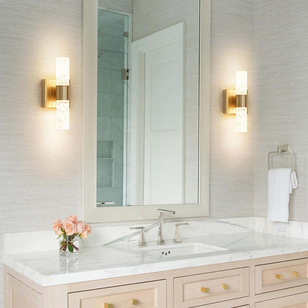 Ditoon Crystal LED Wall Sconces Set 2, Brushed Gold Bathroom Light Fixtures