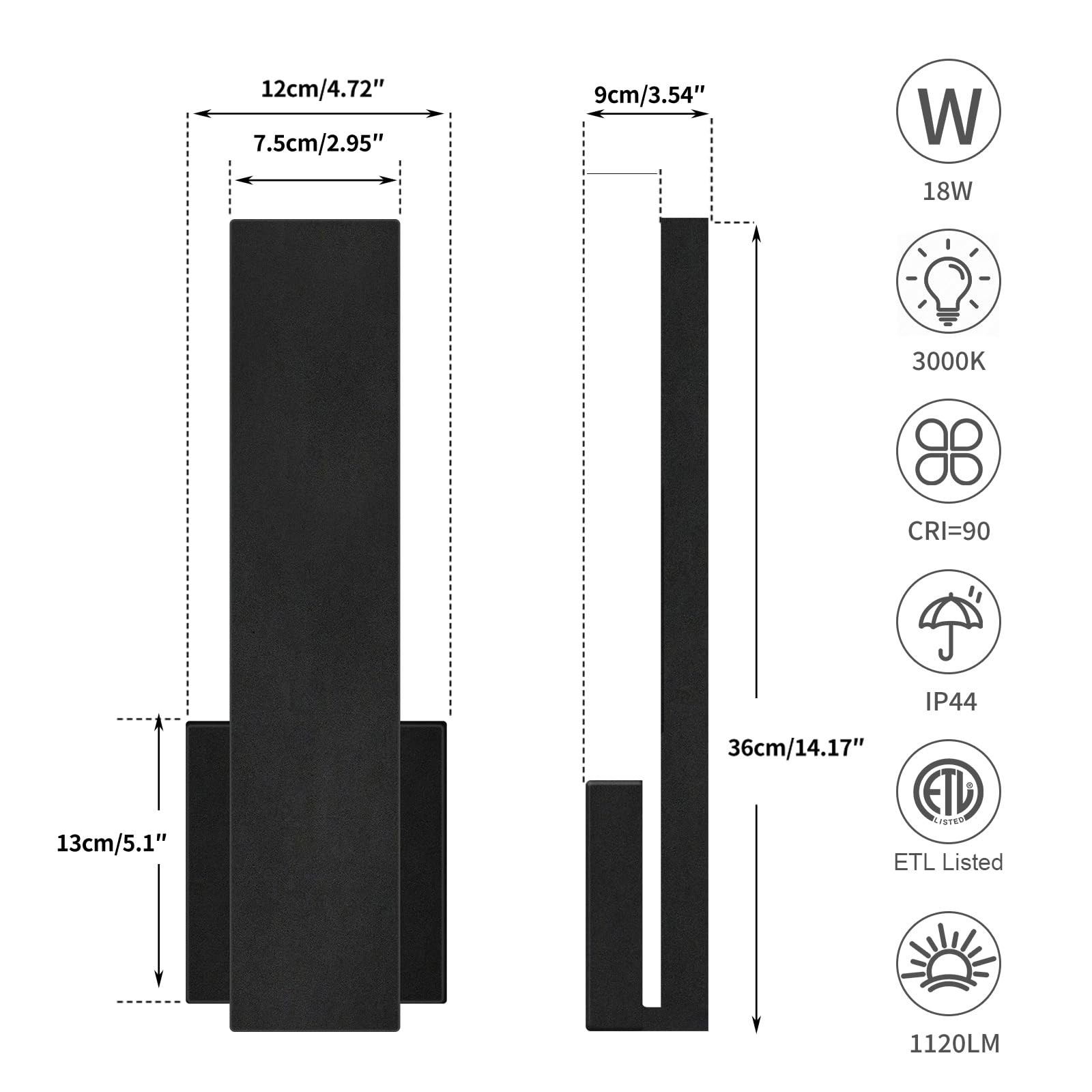 Aluminum LED Modern Wall Sconces Set of 2, 18W Matte Black Waterproof Sconce …