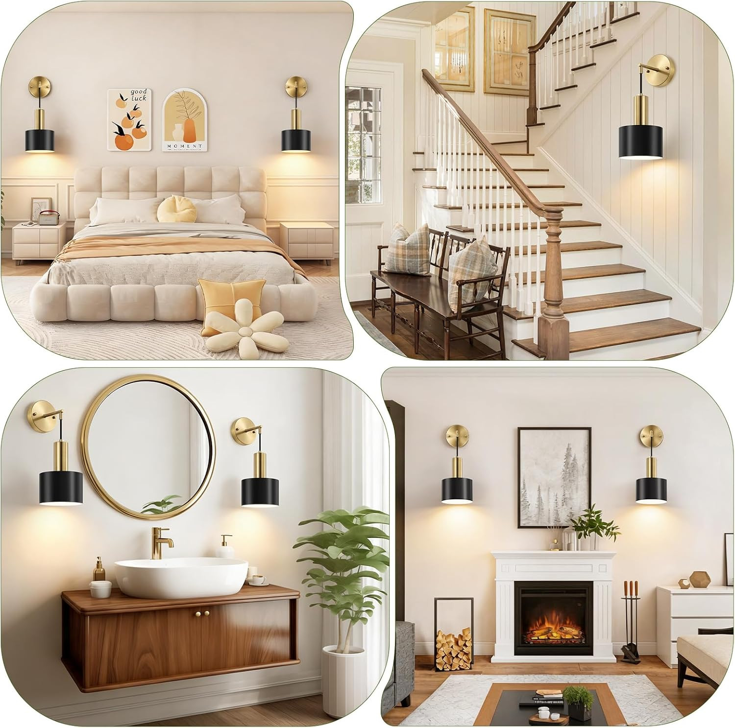 Rechargeable Black & Gold Wall Sconces Set of 2 with Remote & 15 Colors