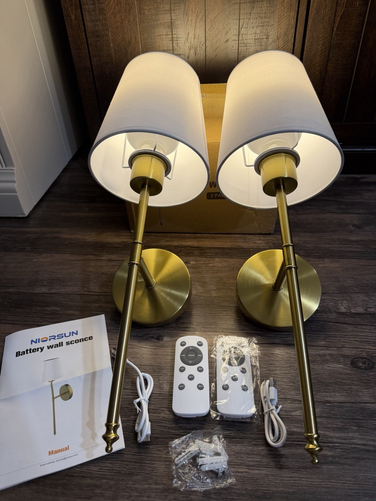 NIORSUN Battery Wall Sconce 19.9 inch 2-Pack Gold/White, Wall Mount, 5200mAh