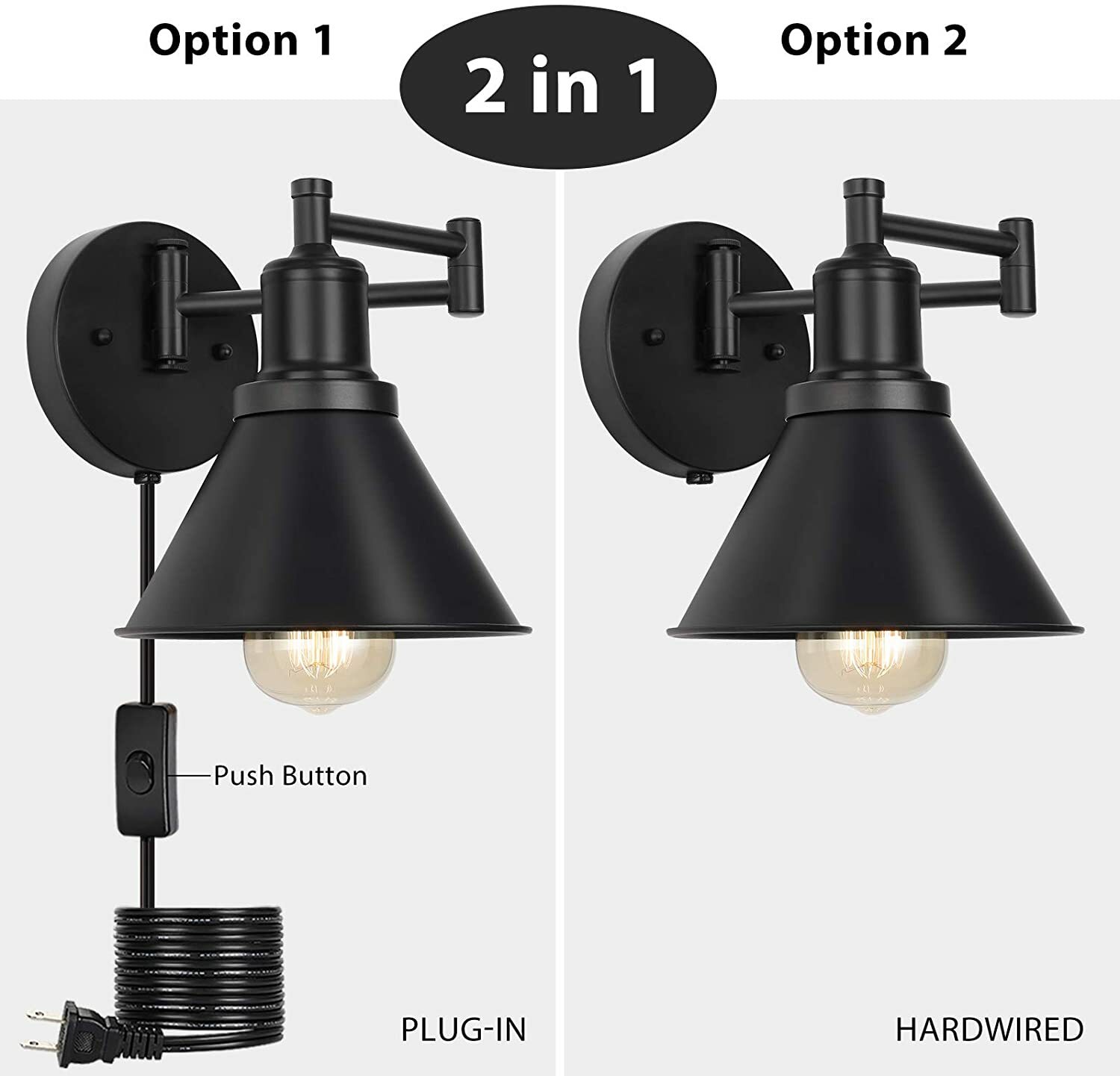 Set of 2 Farmhouse Plug in Wall Sconce Swing Arm Lamp Reading Light Fixture