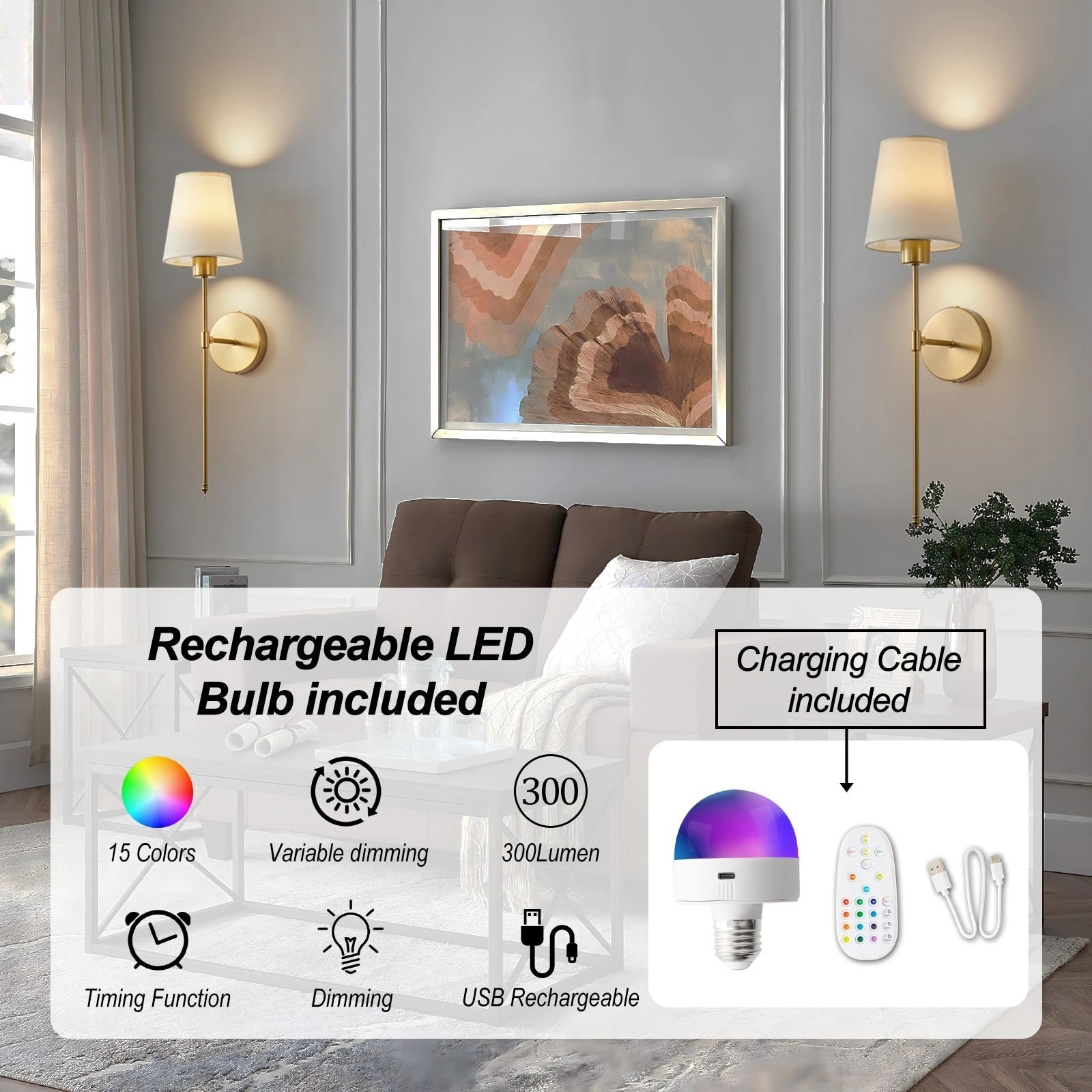 2 Pack Rechargeable RGB Wall Sconces Battery Powered Wireless LED Lights Remote