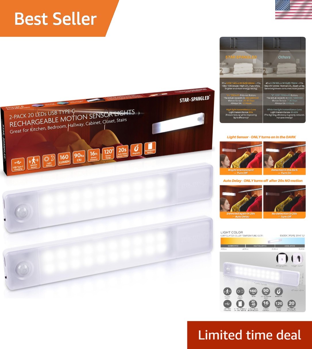 Compact Rechargeable LED Motion Sensor Lights – Perfect for Cabinets & Stairs