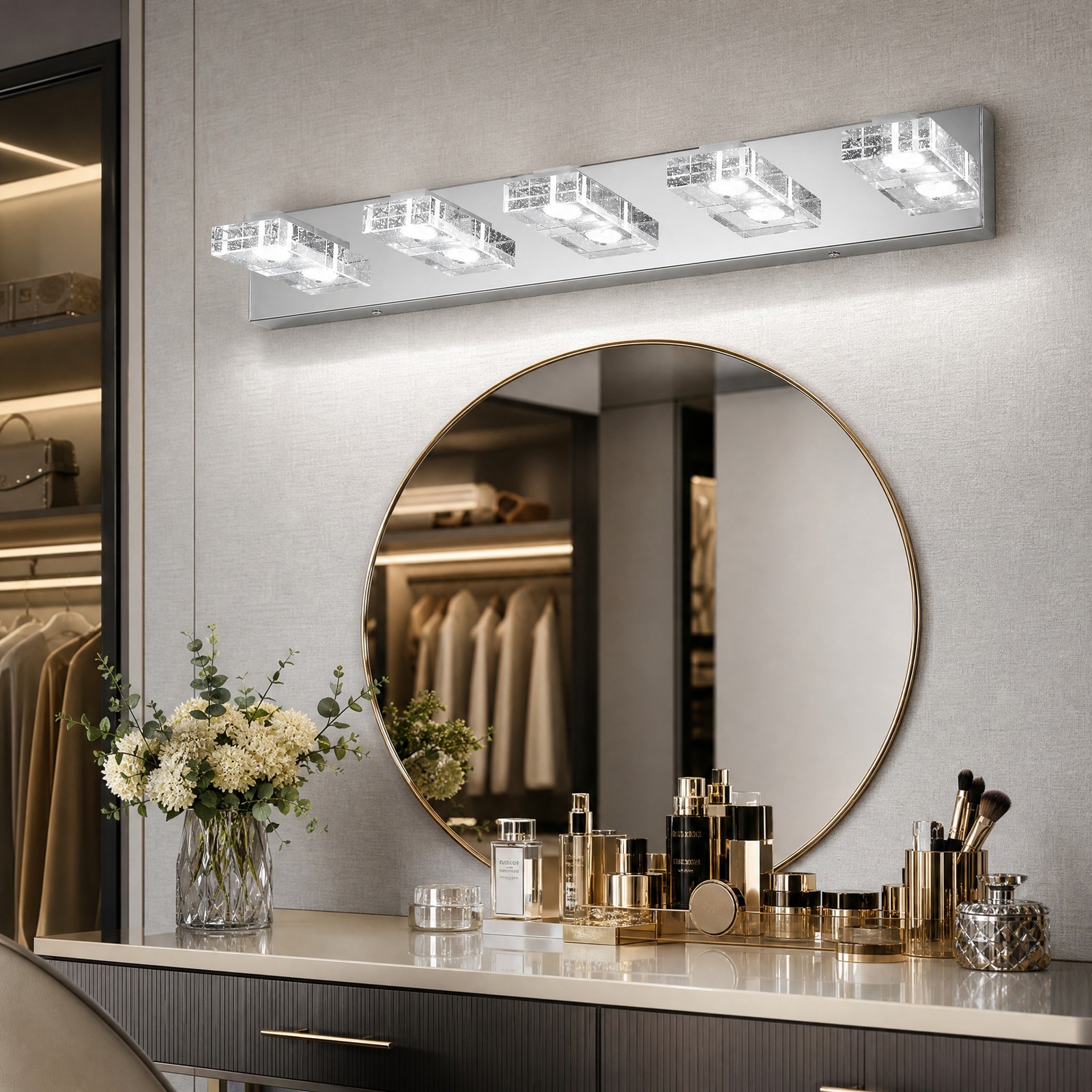 31 in 5 Light Bubble Crystal LED Vanity Bathroom Over Mirror Wall Sconce Fixture