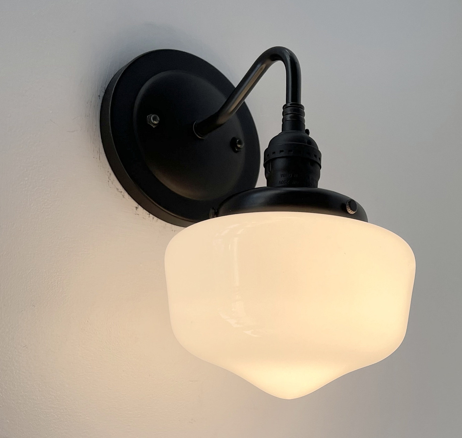 New Petite Schoolhouse Antique 1940’s Vintage Opal Milk Glass Wall Sconce