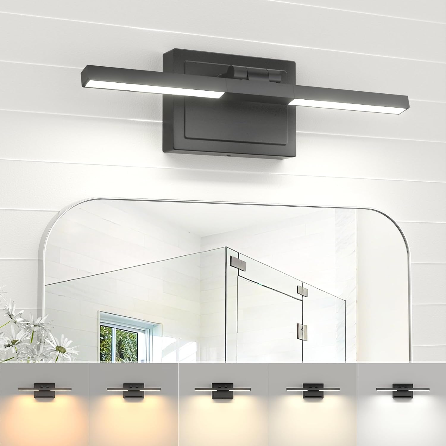 15.7 Inch Modern Bathroom Light Fixture, 20W 5CCT Dimmable LED Black Bathroom Va