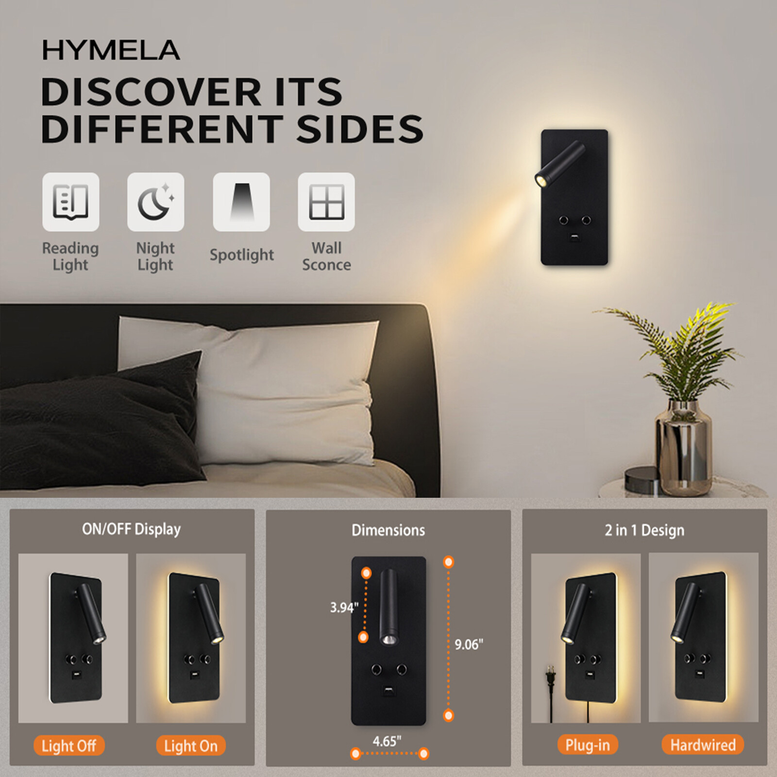 Wall Mounted Reading Light LED Dimmable Wall Lamp USB Port Wall Sconce UP DOWN