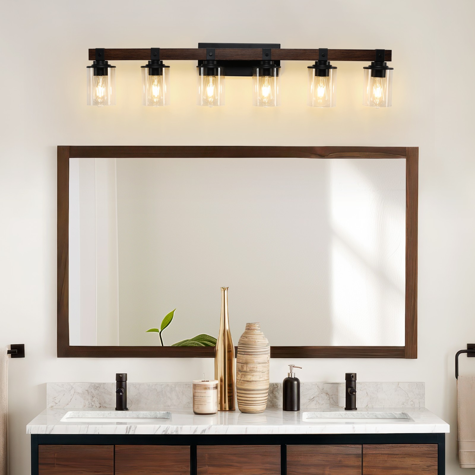 LETRY 6-Light Farmhouse Wood Vanity Light Cylinder Glass 42in Bathroom Wall Lamp