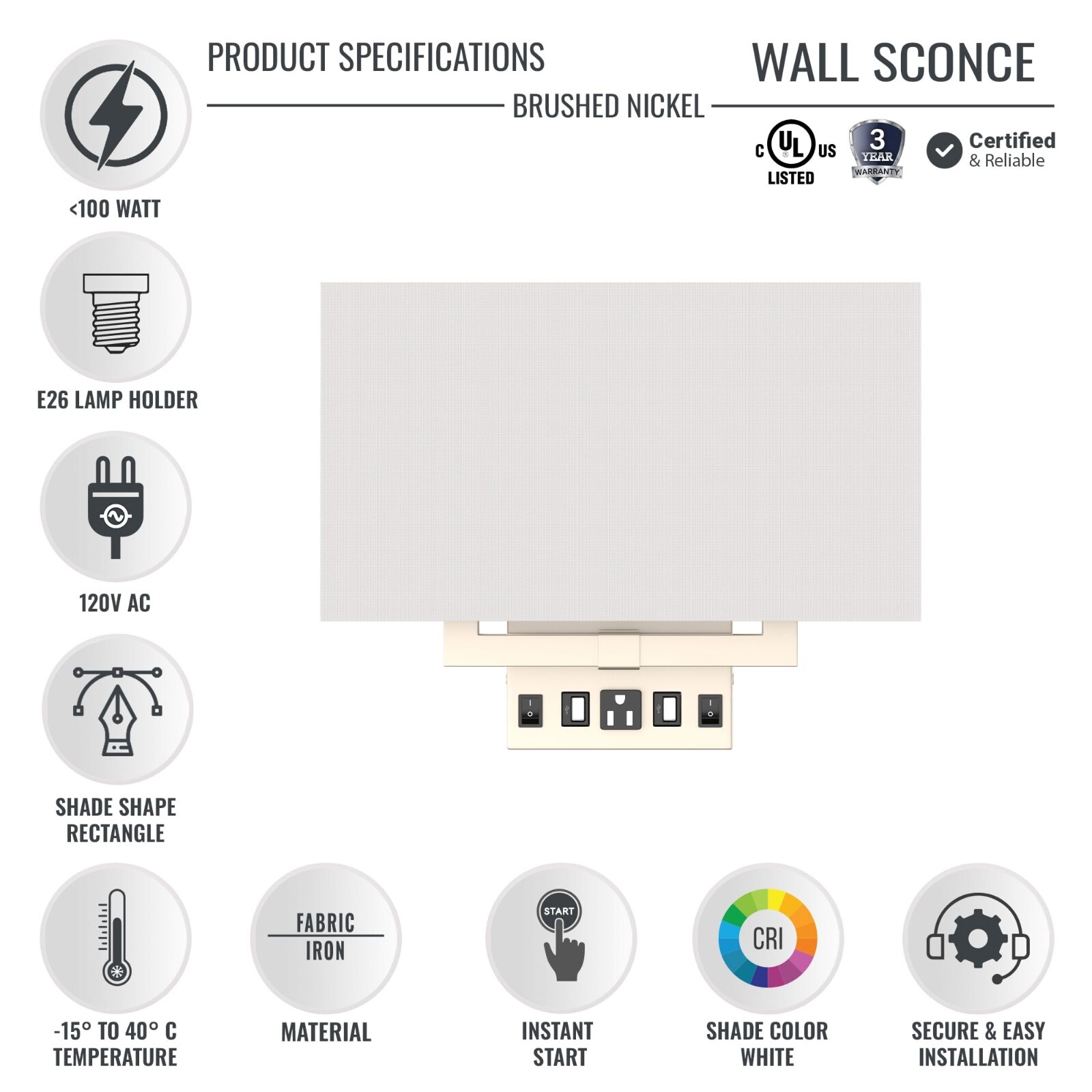 E26 Base 2-Light Led Wall Sconce Decorative Wall Mount for Living Room, Bedroom