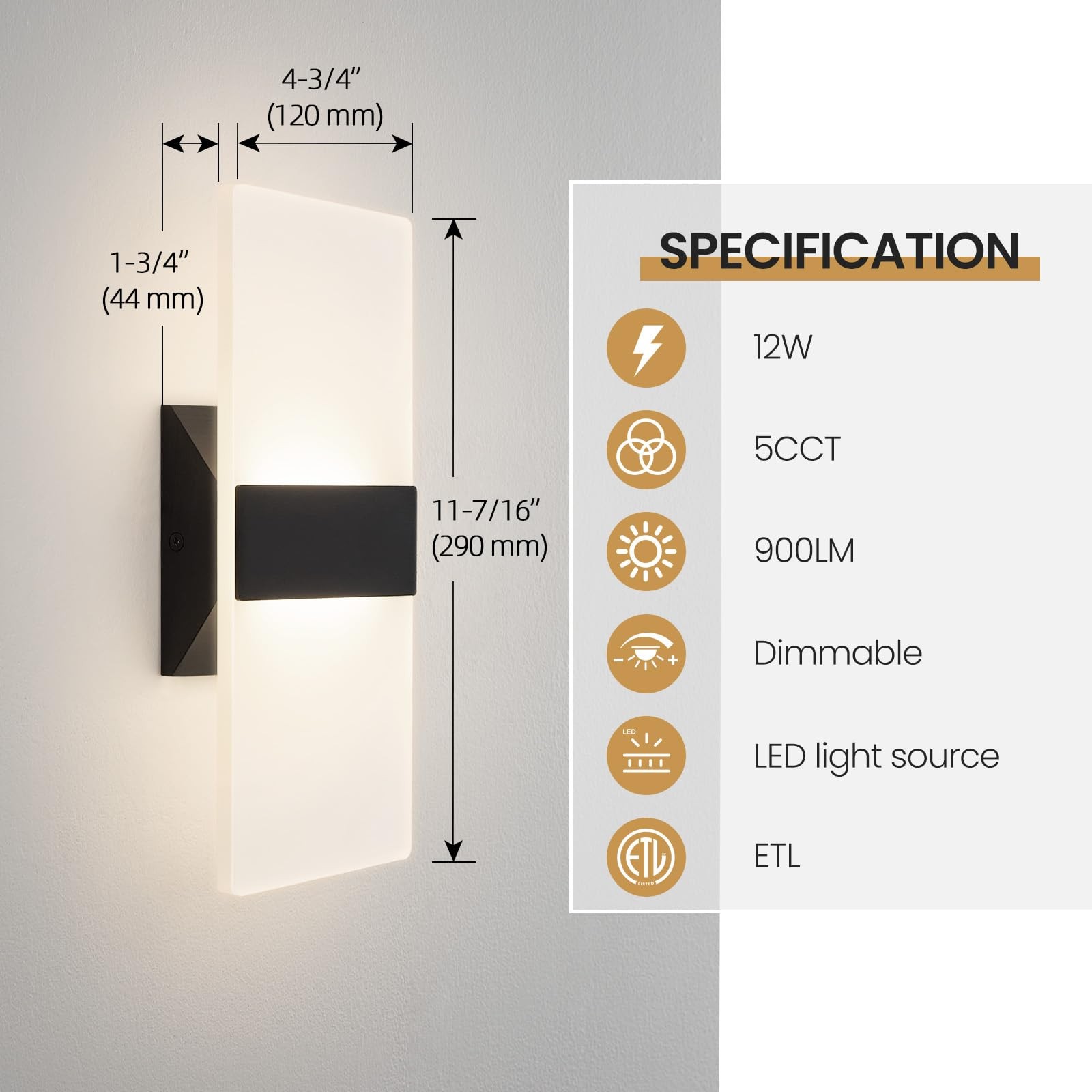 12 Inch Modern Wall Sconce, 5CCT Dimmable Indoor Wall Lights, 2700K-5000K Sel…