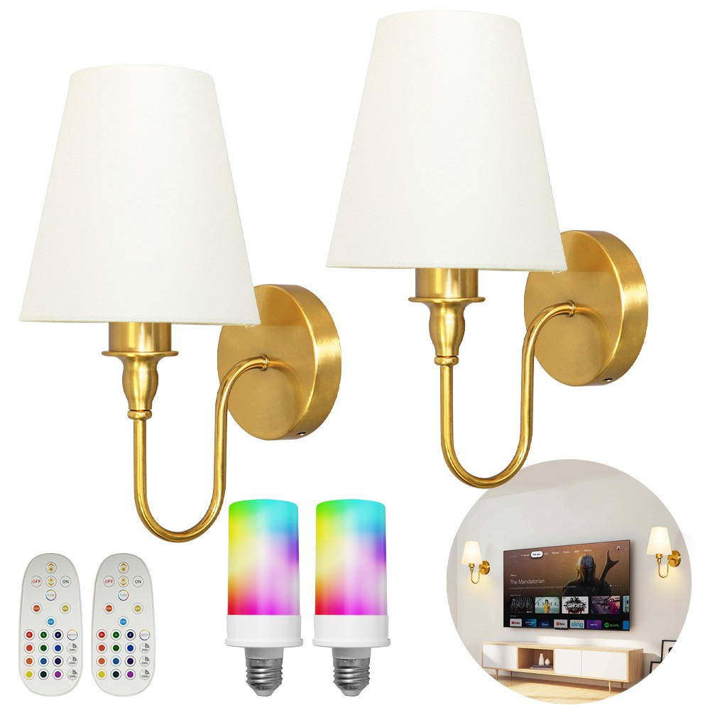 Battery Operated Wall Sconces Set of 2 Gold Wireless Lamps with Remote/Touch NEW
