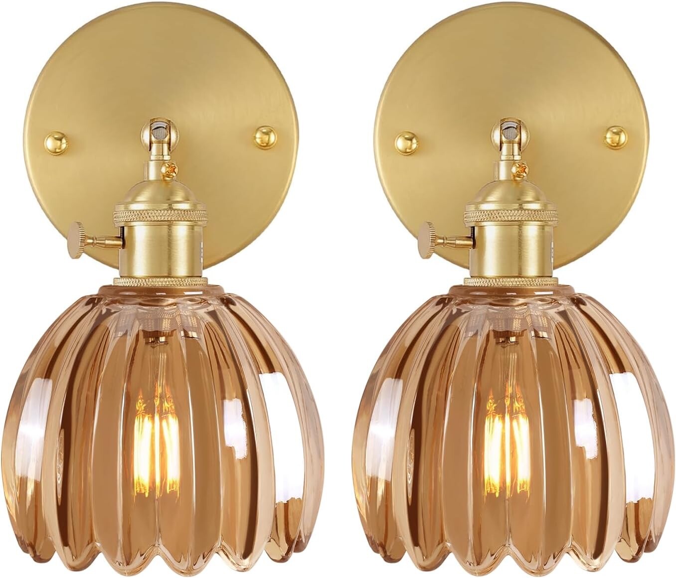 Vintage Wall Sconces Set of 2 with Amber Tulip Glass Lampshade 180 Degree Adjust