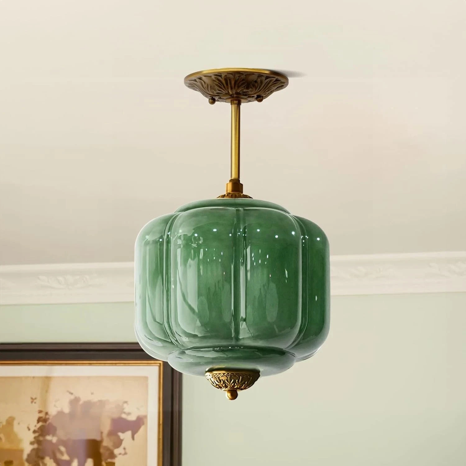 Milk Glass Ceiling Light Fixture Antique Brass Semi Flush Mount Pendant Light