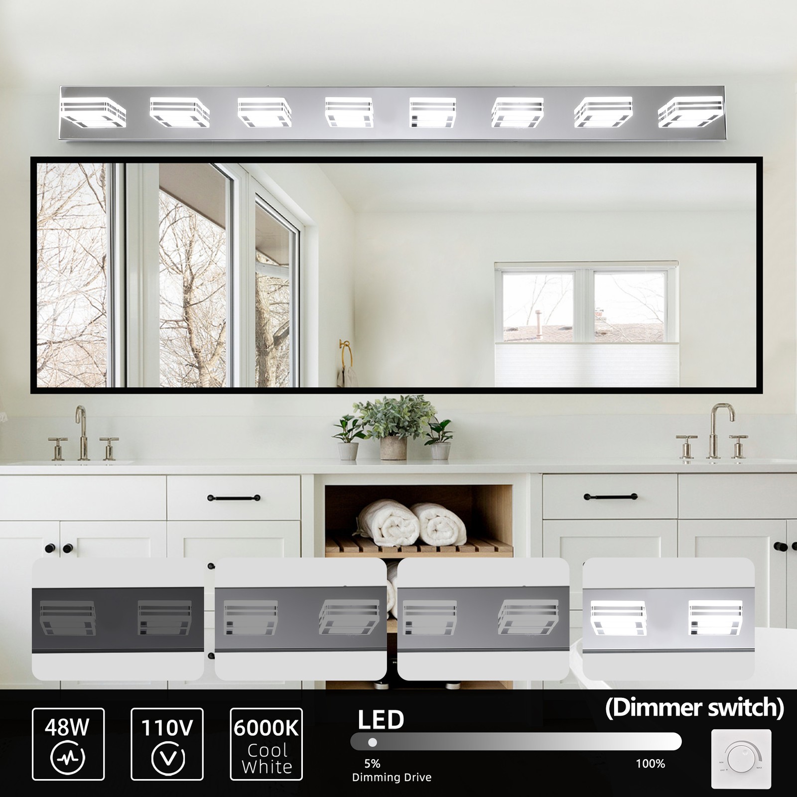 52 Inch LED Vanity Light Bathroom Mirror 8-Light Wall Lamp Chrome Sconce Fixture