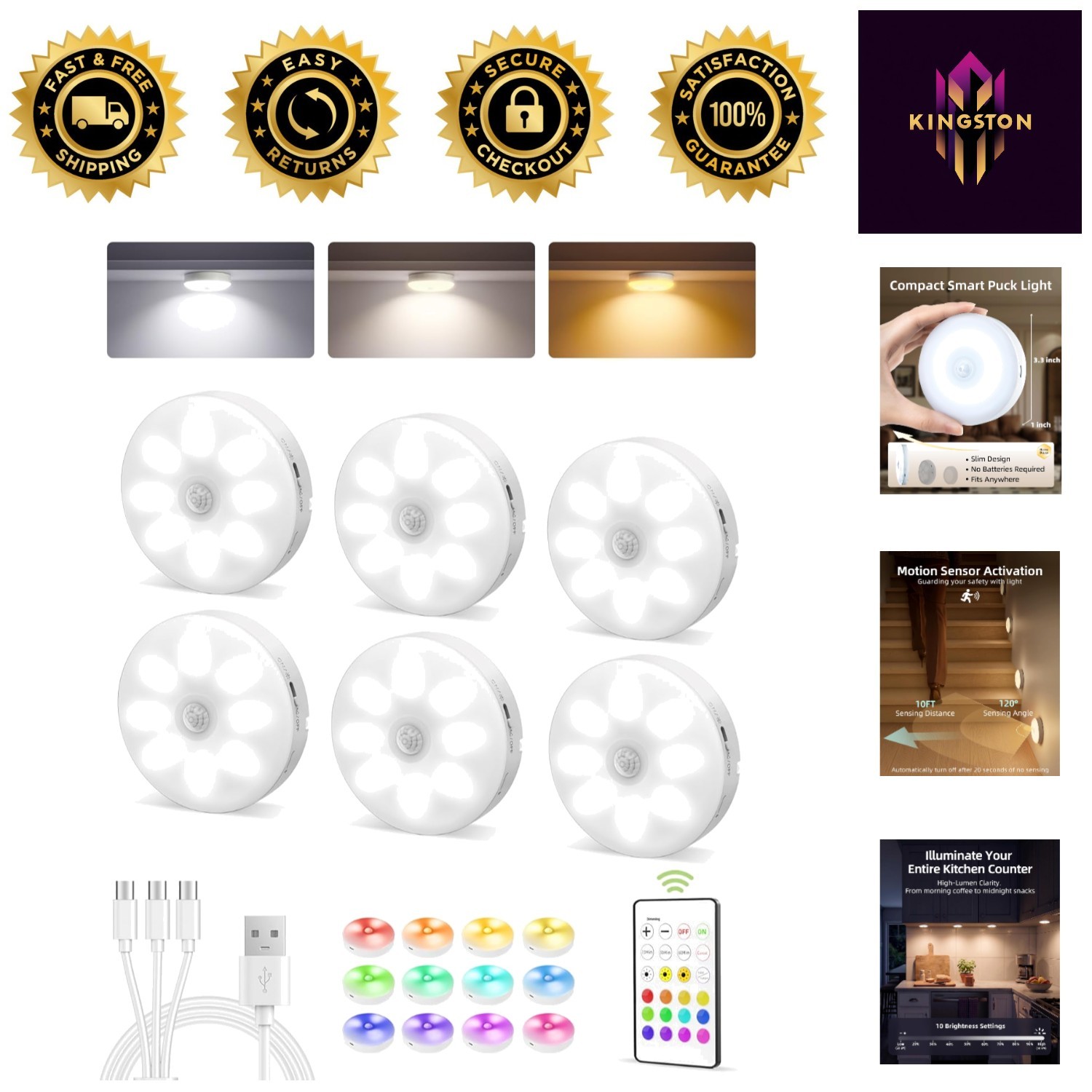 Dimmable Mini Puck Lights – 6-Pack Rechargeable & Magnetic with Remote Control