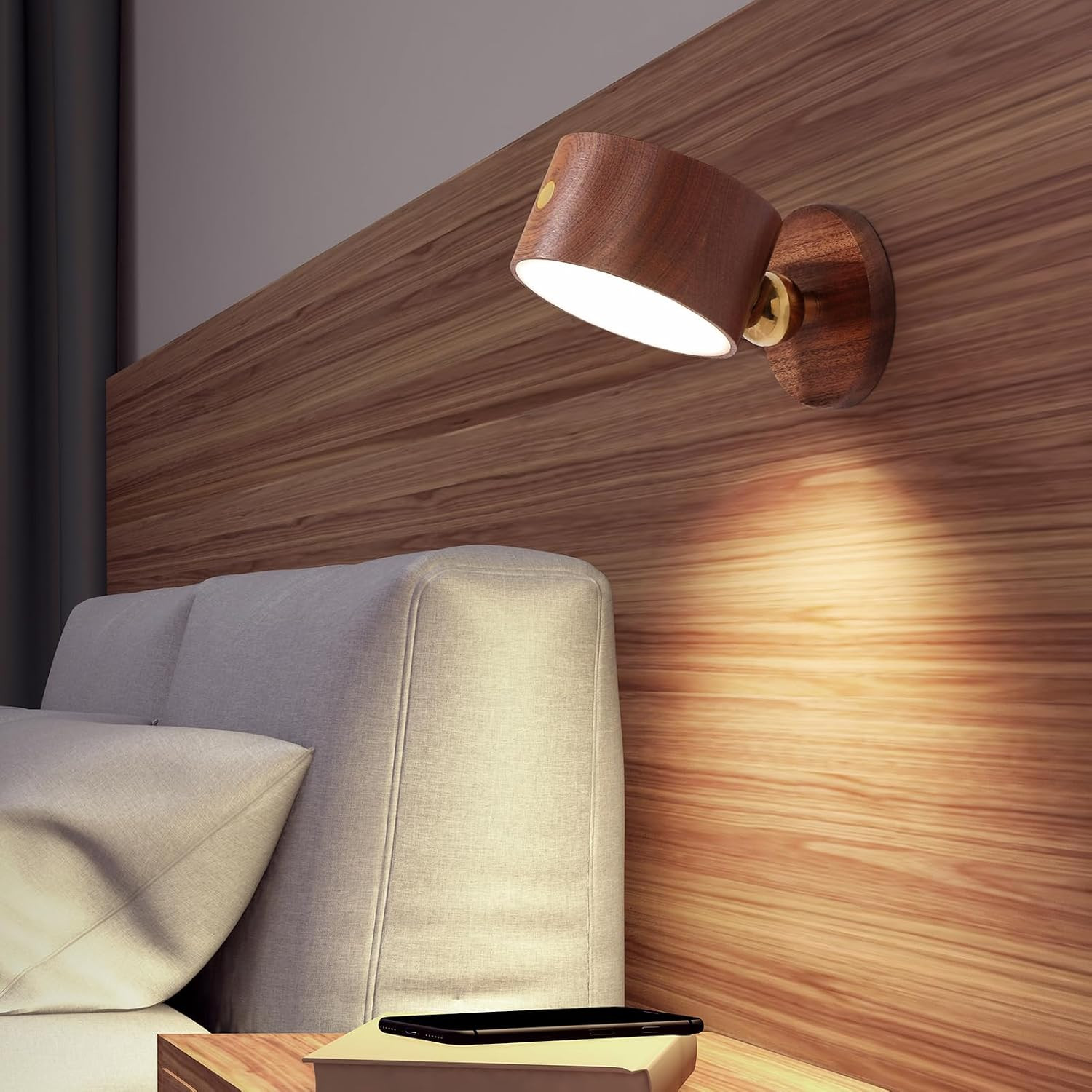 Dimmable Rechargeable Wood Wall Sconce Bedside Lamp with Touch Control
