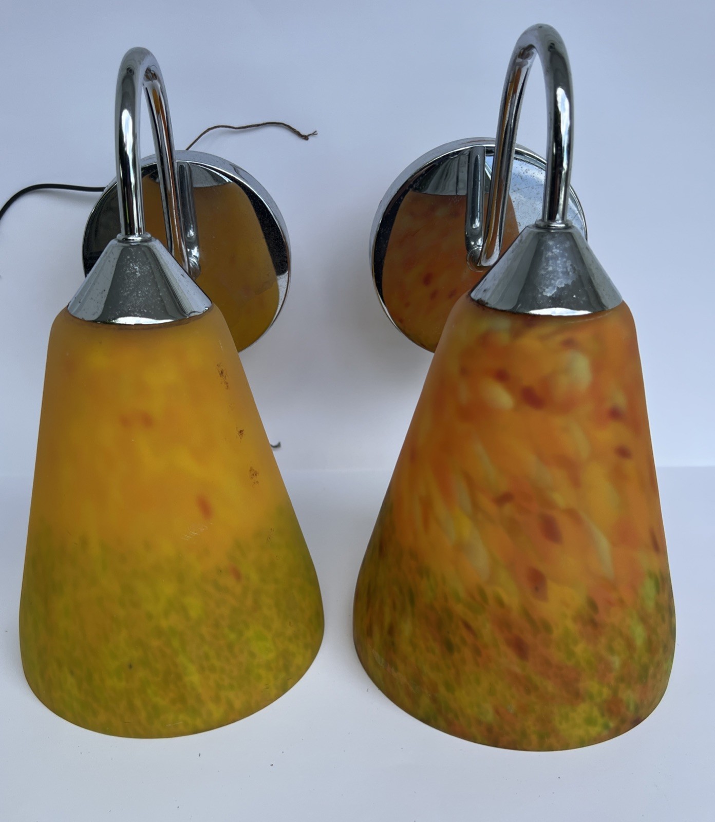 Set Of 2 Retro Handmade Art Glass Sconce Style Light Fixtures Orange Yellow Red