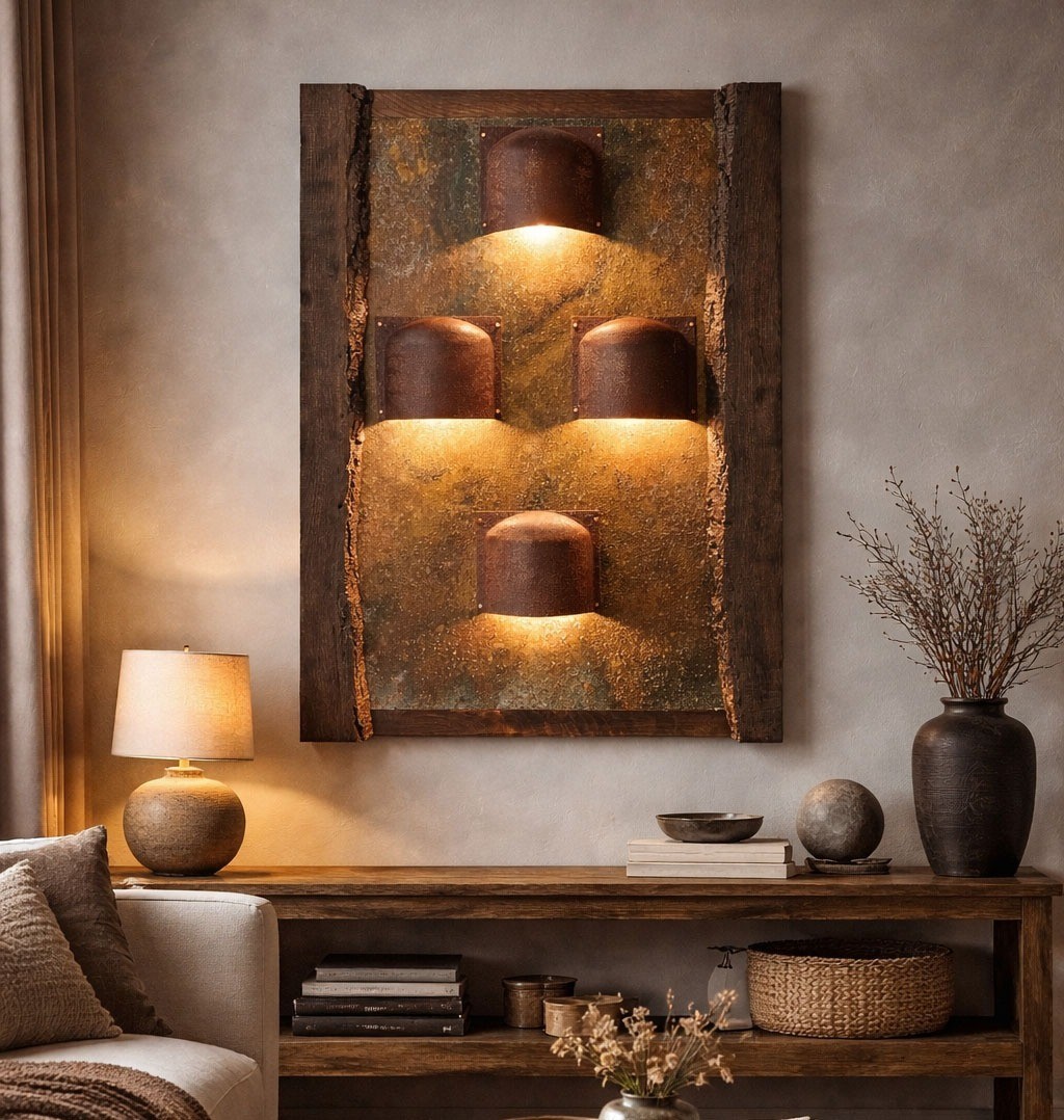 Copper Wall Light Hand Patinated LED Light Panel Oak Frame Wall Lamp
