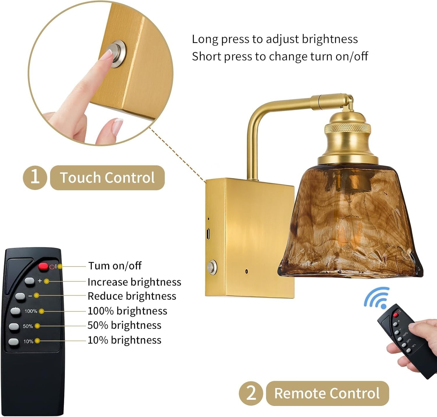 Sconce with Remote Control, Dimmable Wireless Amber SquareRechargeable Touch Con