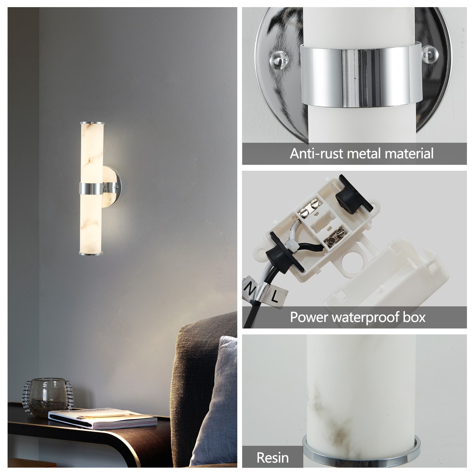 Modern Chrome 2 Pack indoor LED Wall Sconce Light Marble Texture Bedroom Fixture