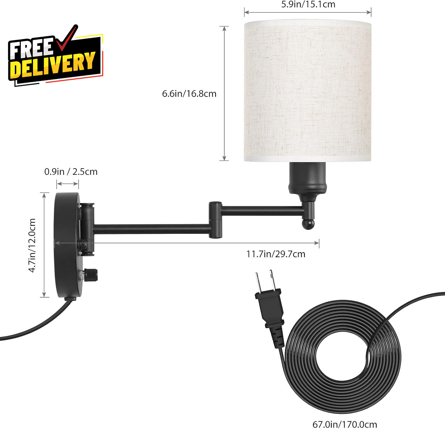 Plug in Wall Light Set of 2 Swing Arm Wall Lamps Modern Bedroom Wall Sconce F…