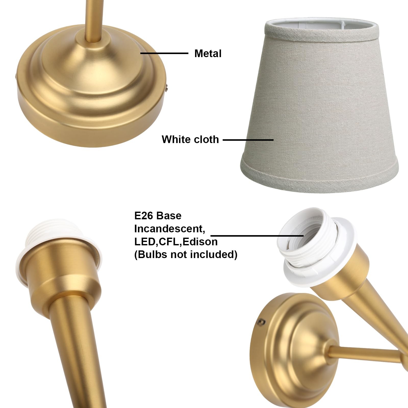 Brass Linen Shade Bedside Vanity Wall Sconce Set of 2, Vintage Industrial Har…