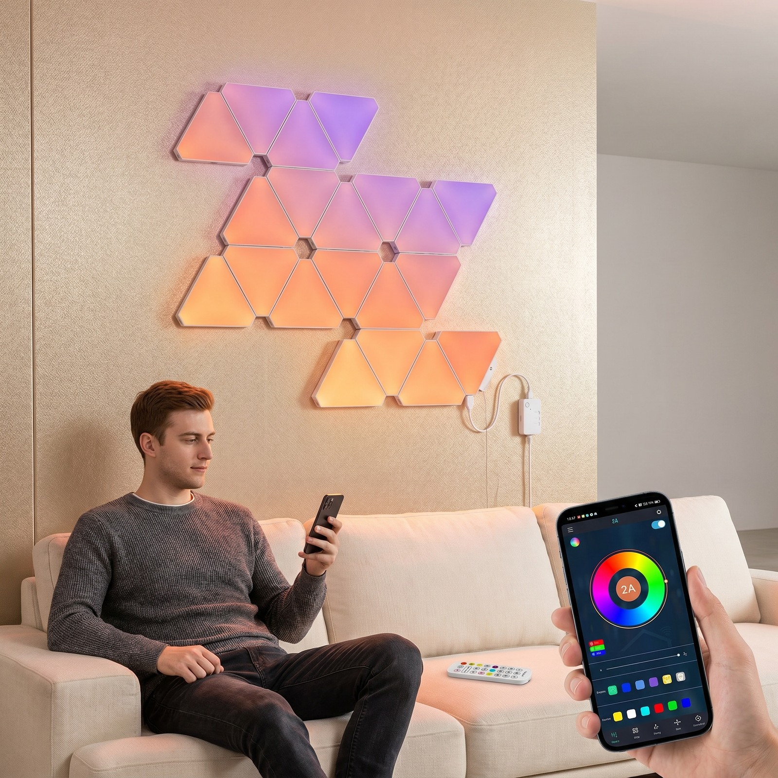 20 Pack RGB Triangle LED Light Panels Music Sync App Remote Wall Decor Modular